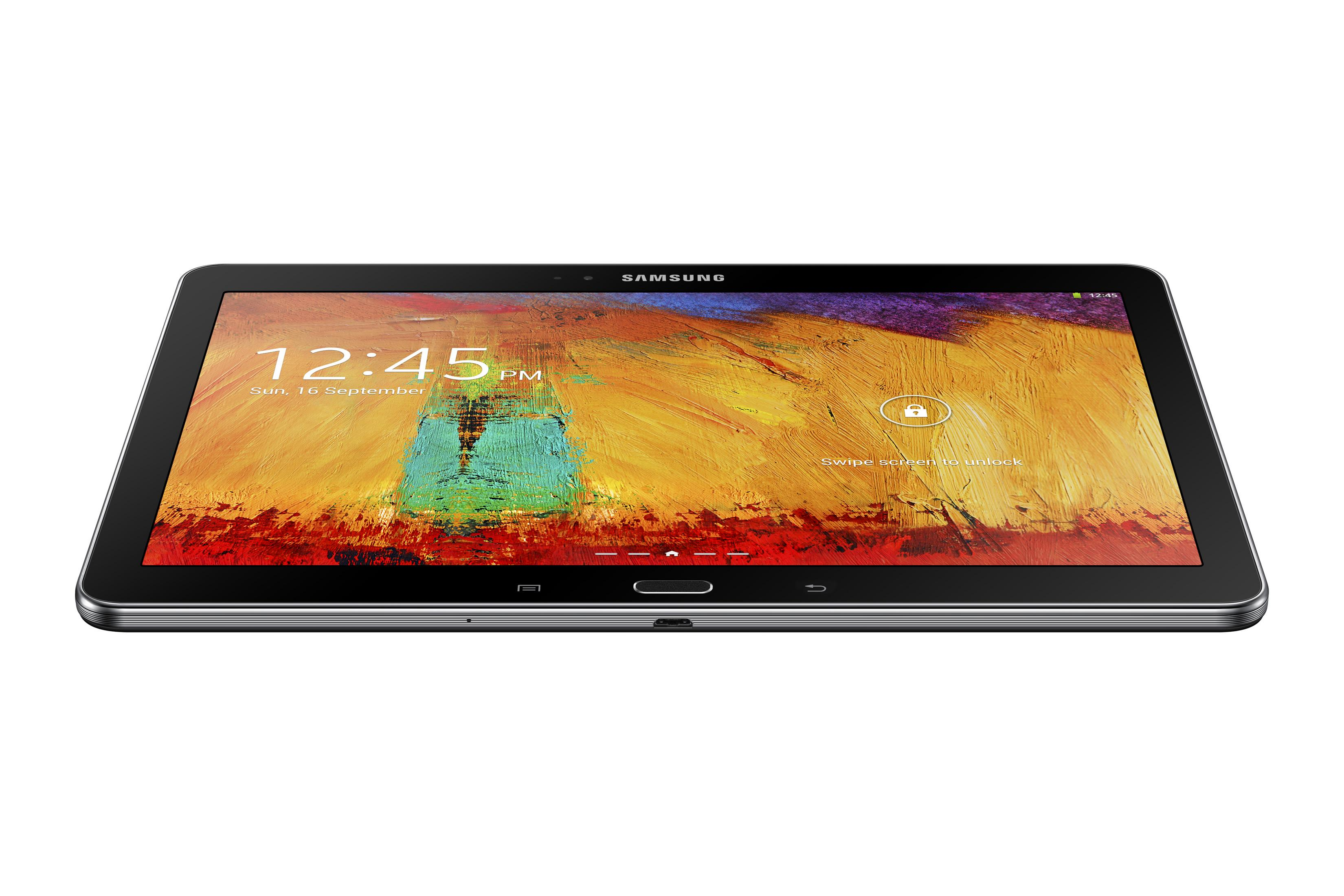 Tablet auf weißem Hintergrund, zeigt farbenfrohen Bildschirm mit Schloss-Symbol und Uhrzeit 12:45 Uhr.