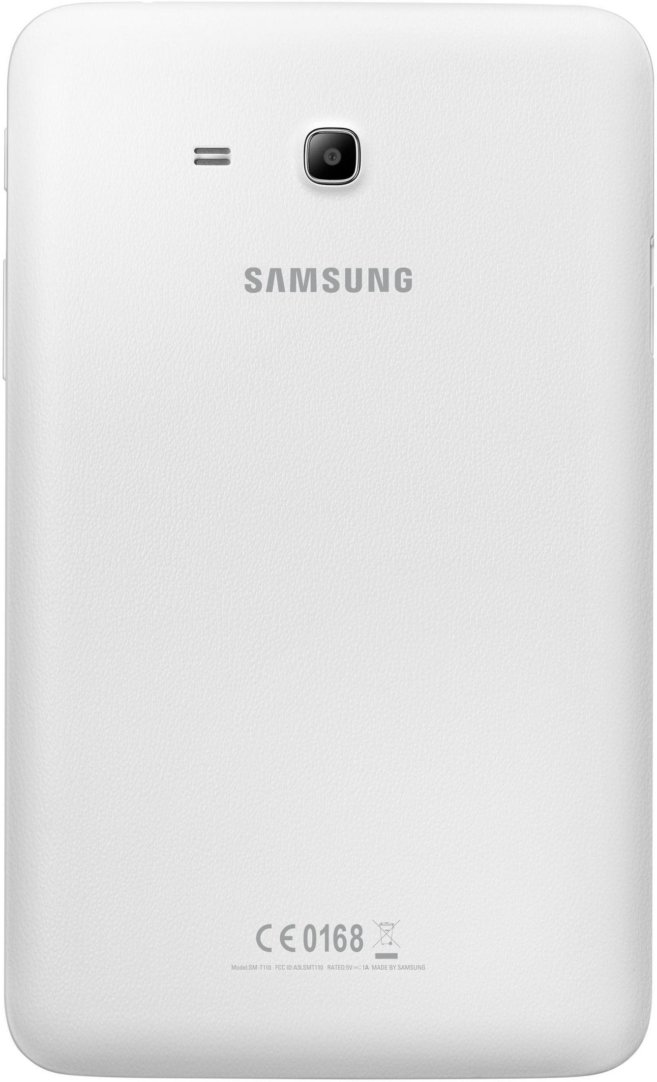 Weiße Tablet-Rückseite mit Kamera, Samsung-Logo und Kennzeichnungen. Weiße Oberfläche.