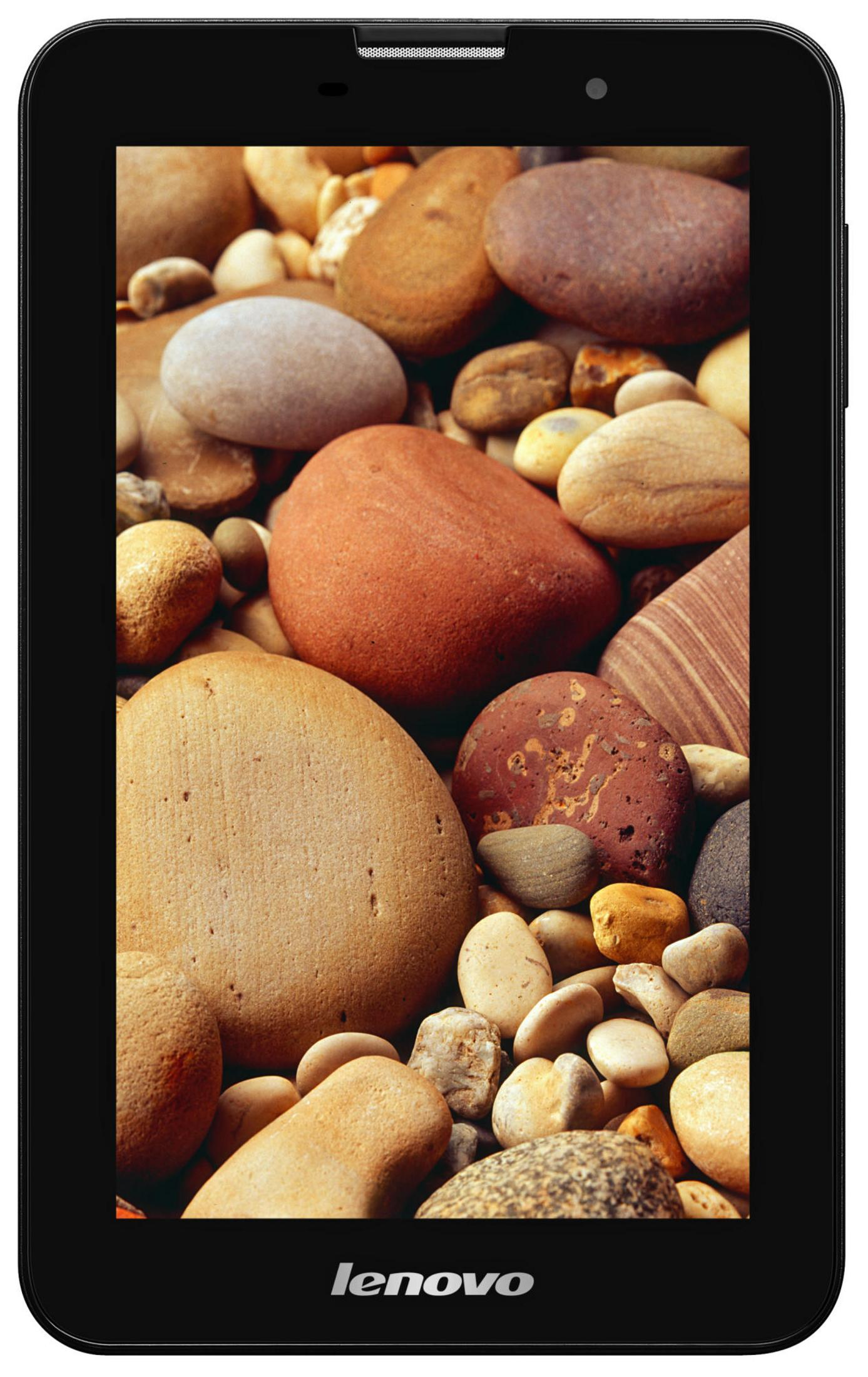 Tablet zeigt einen Bildschirm mit bunten Steinen. Das Tablet ist schwarz und die Steine sind verschieden groß.