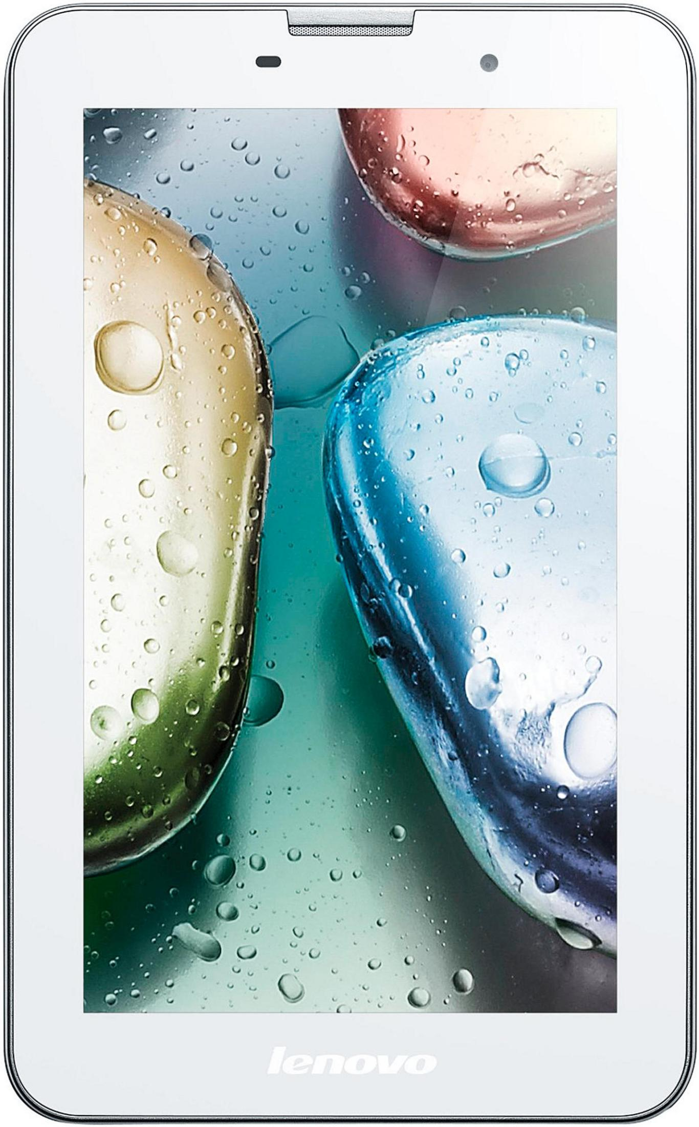 Ein weißes Tablet mit einem farbenfrohen, abstrakten Hintergrund, der blaue, orangefarbene und gelbe Formen mit Wassertropfen zeigt.