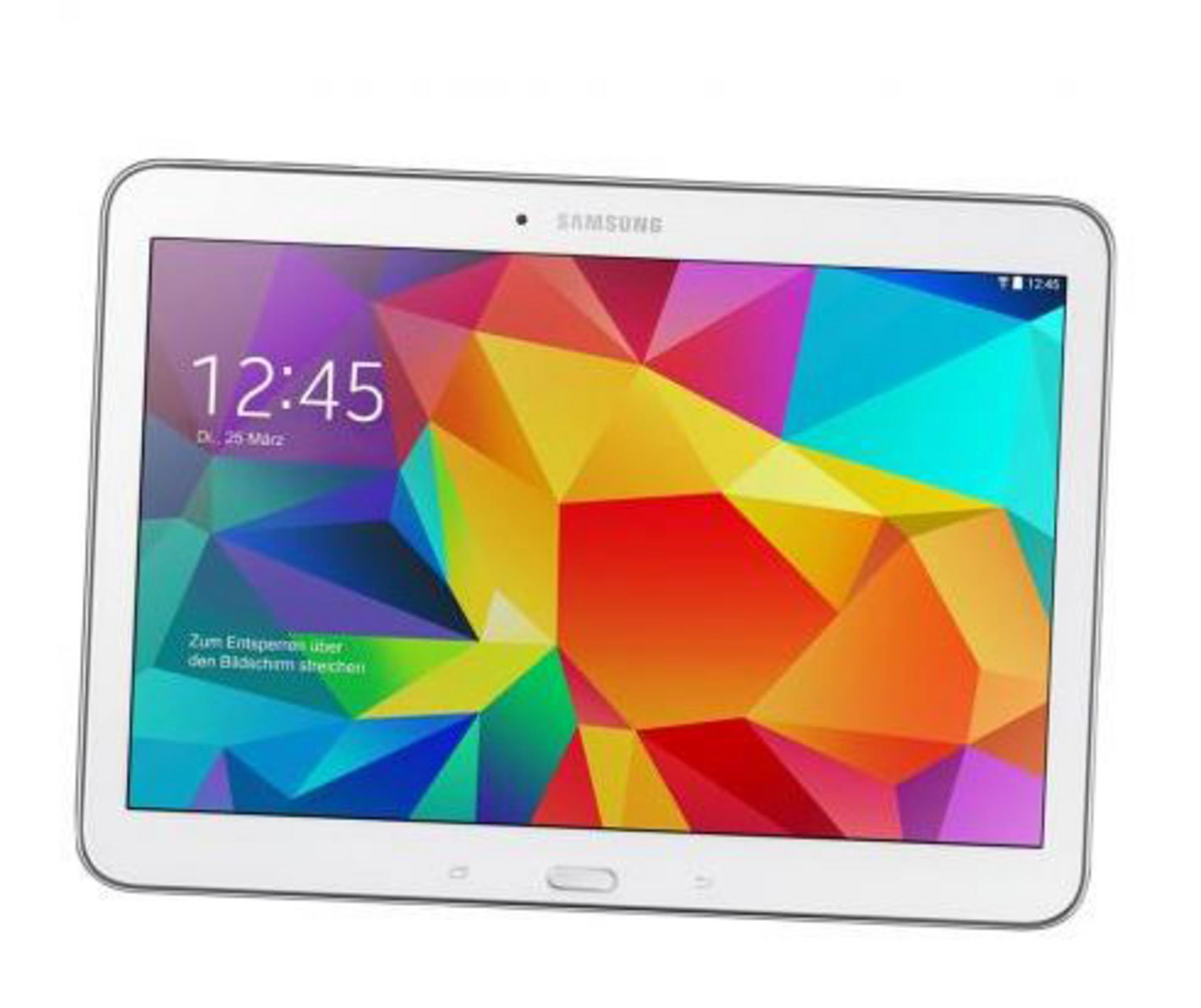 Ein weißes Tablet mit einem farbenfrohen geometrischen Design auf dem Bildschirm, vor weißem Hintergrund.