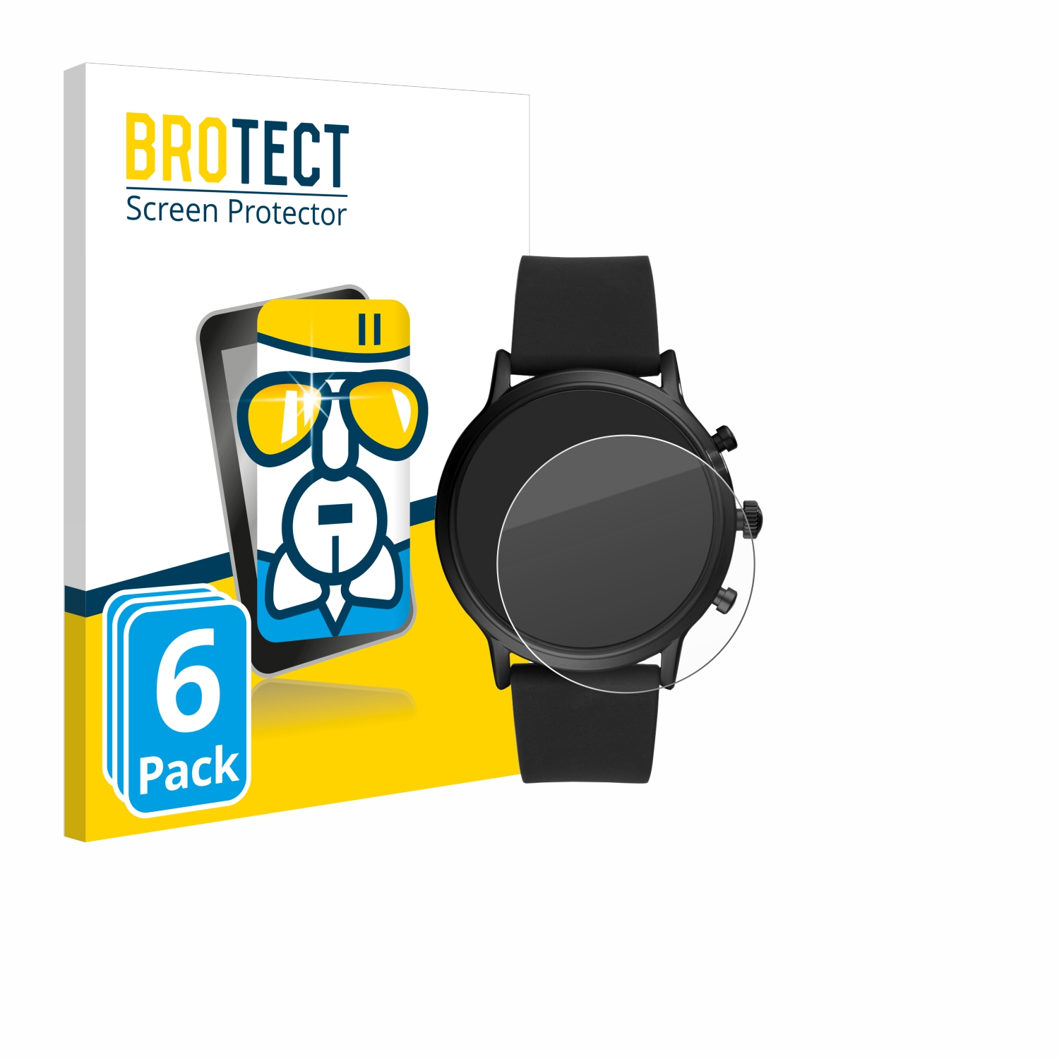 Eine Smartwatch mit Displayschutzfolie und einer Box mit der Aufschrift 'BROTECT Screen Protector'.