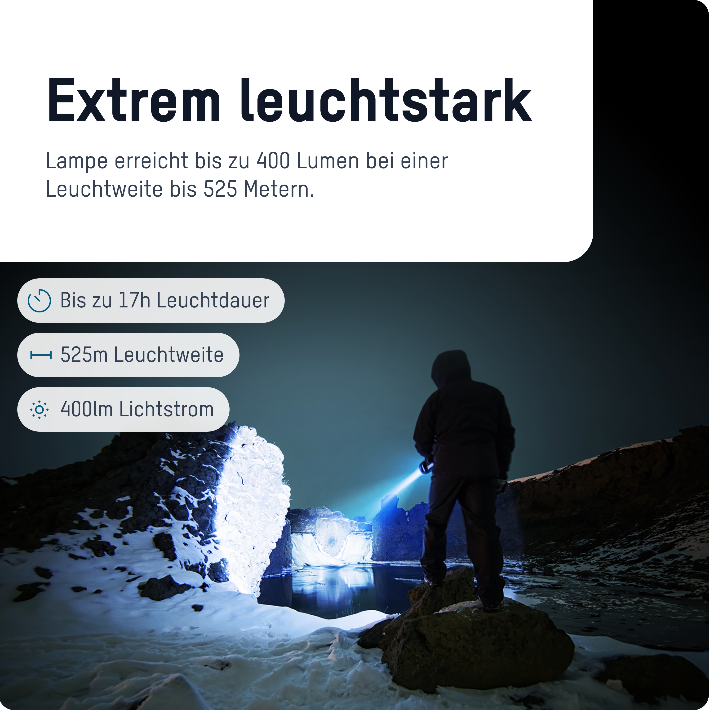 Eine Person mit einer Taschenlampe in einer verschneiten Landschaft. Text erwähnt Lumen und Lichtentfernung.
