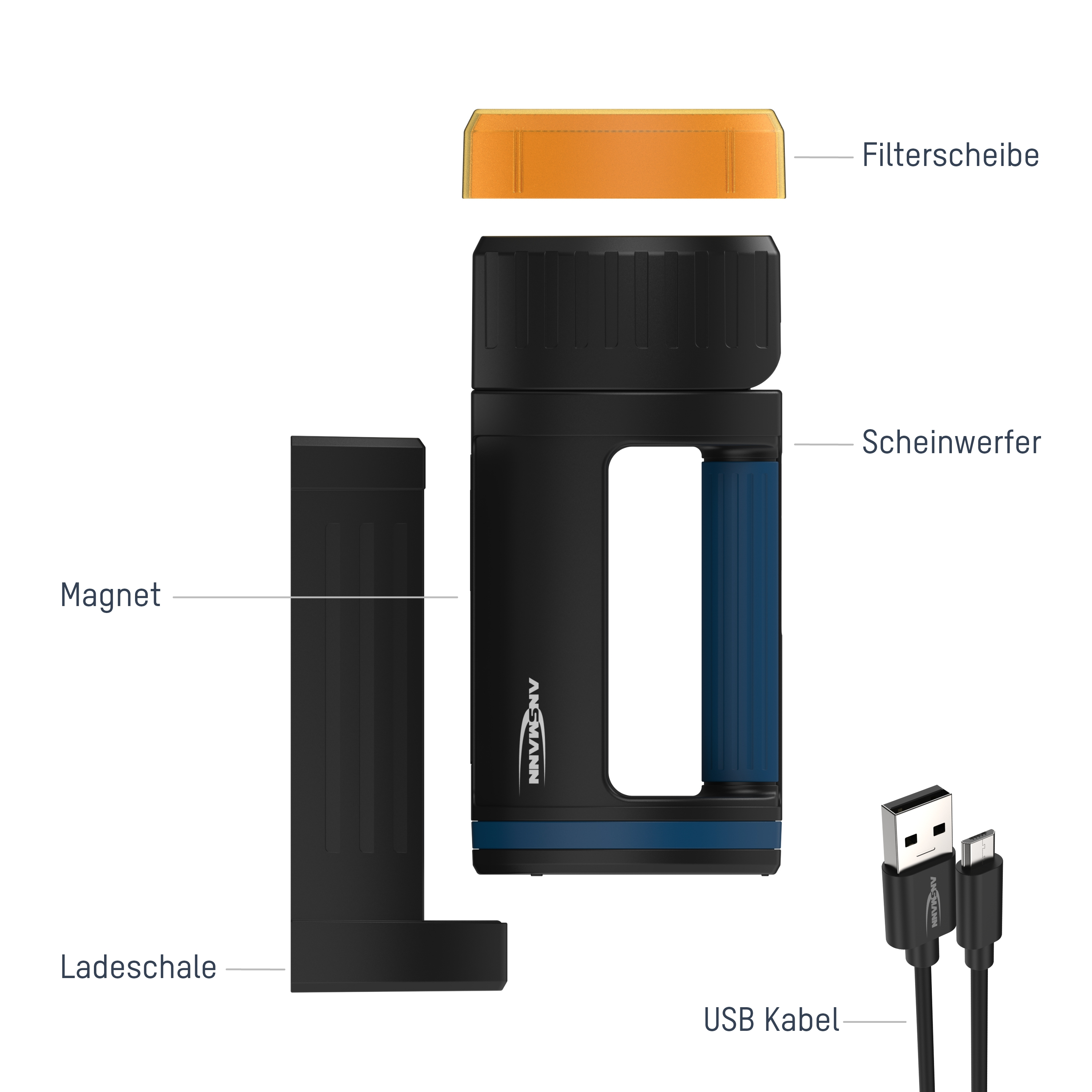 Zerlegte Taschenlampe mit beschrifteten Teilen: Filter, Kopf, Körper, Magnet, Basis und USB-Kabel.