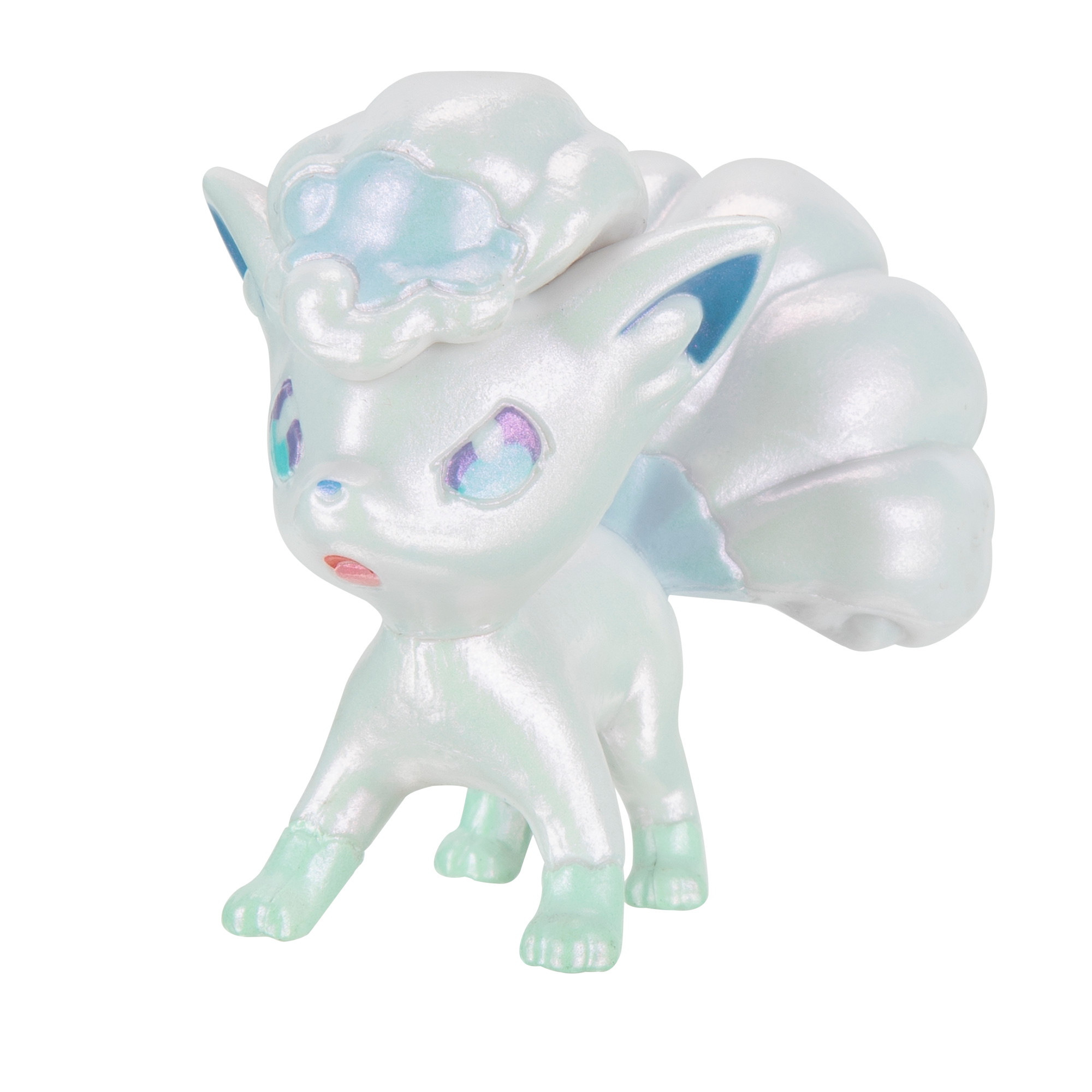 Eine weiße und irisierende Pokémon-Figur, ein Vulnona, auf weißem Hintergrund.