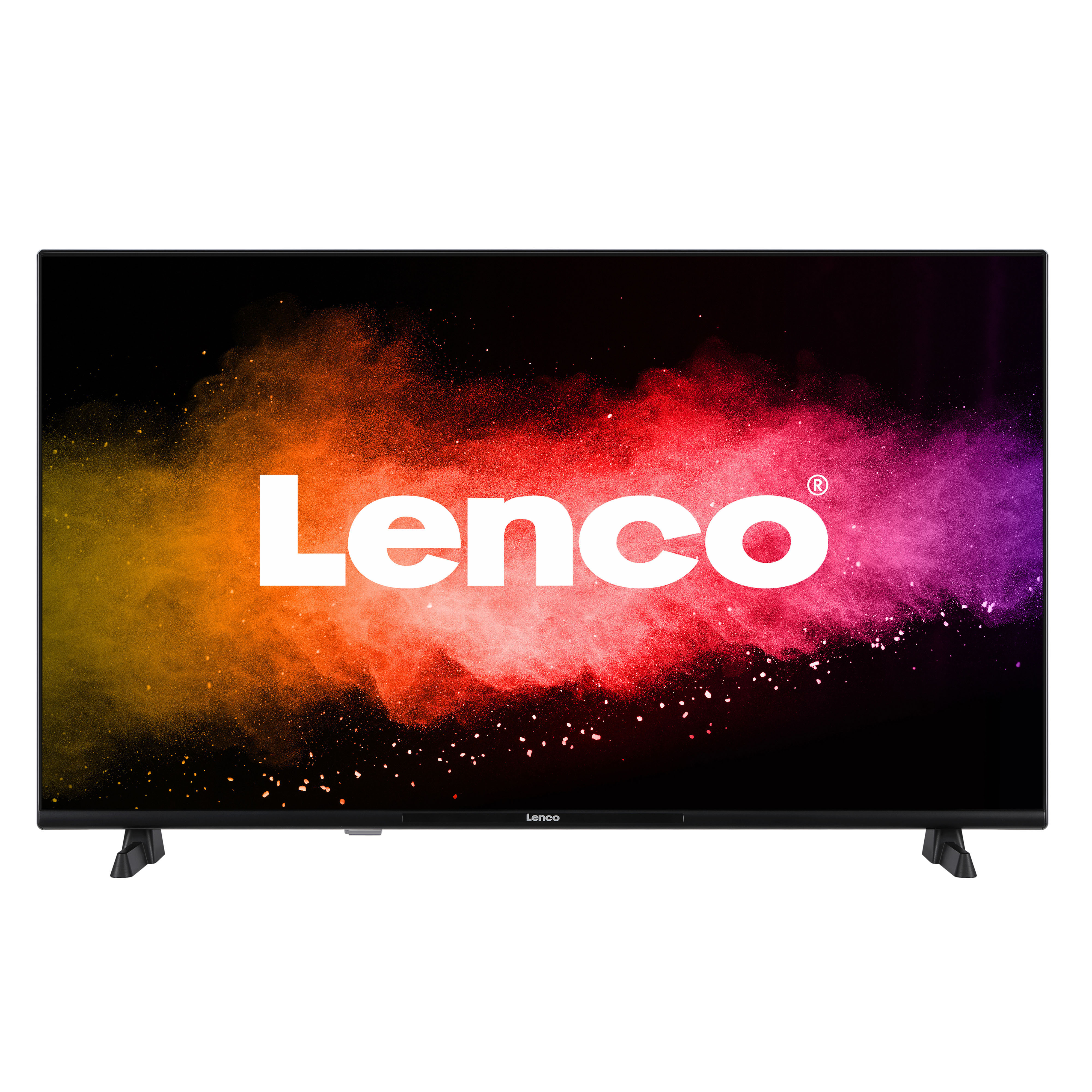 Lenco TV met een kleurrijk abstract beeld op het scherm. Met een zwart frame, kleine poten en het 'Lenco'-logo.