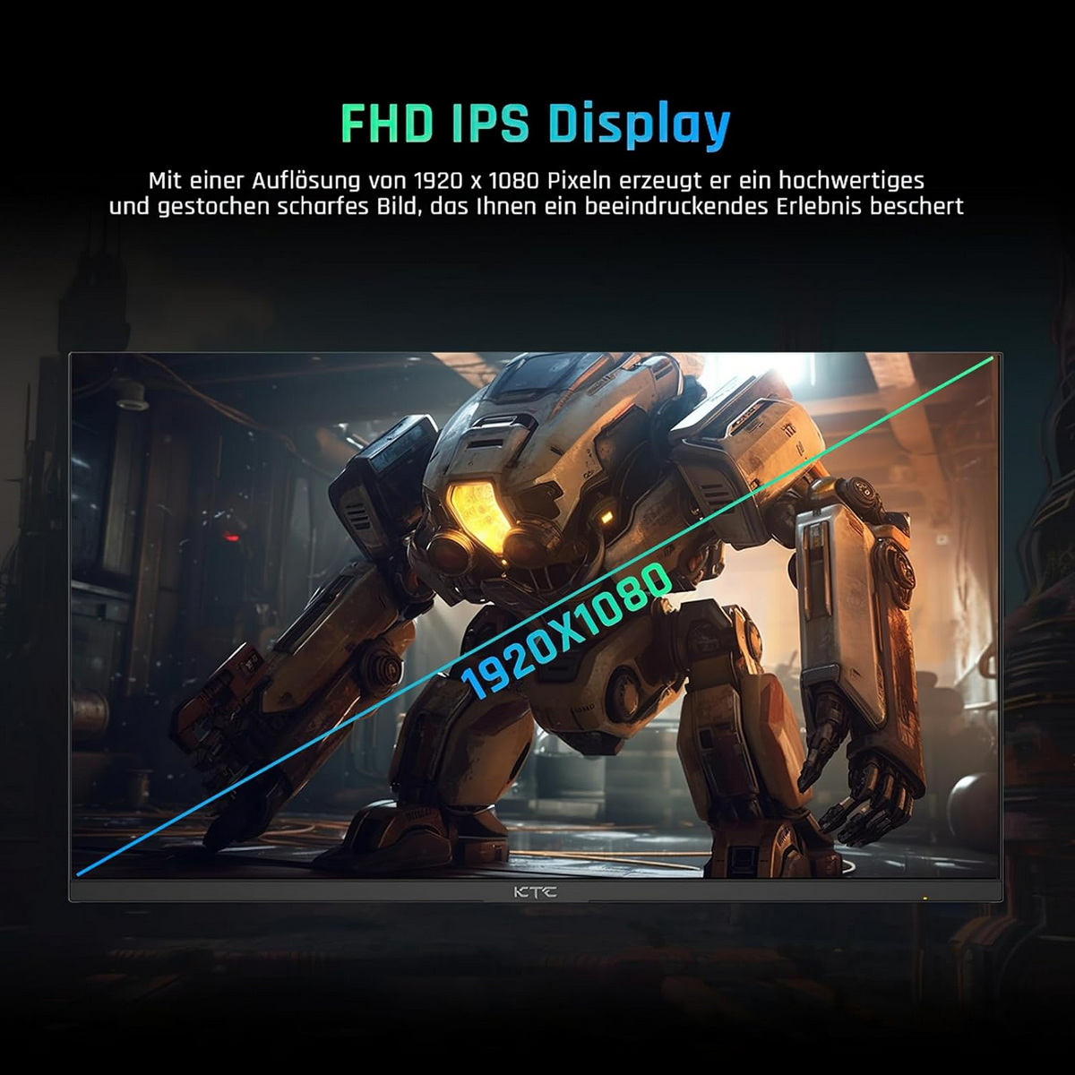 Monitor mostrando una figura robótica. Texto indica pantalla FHD IPS.