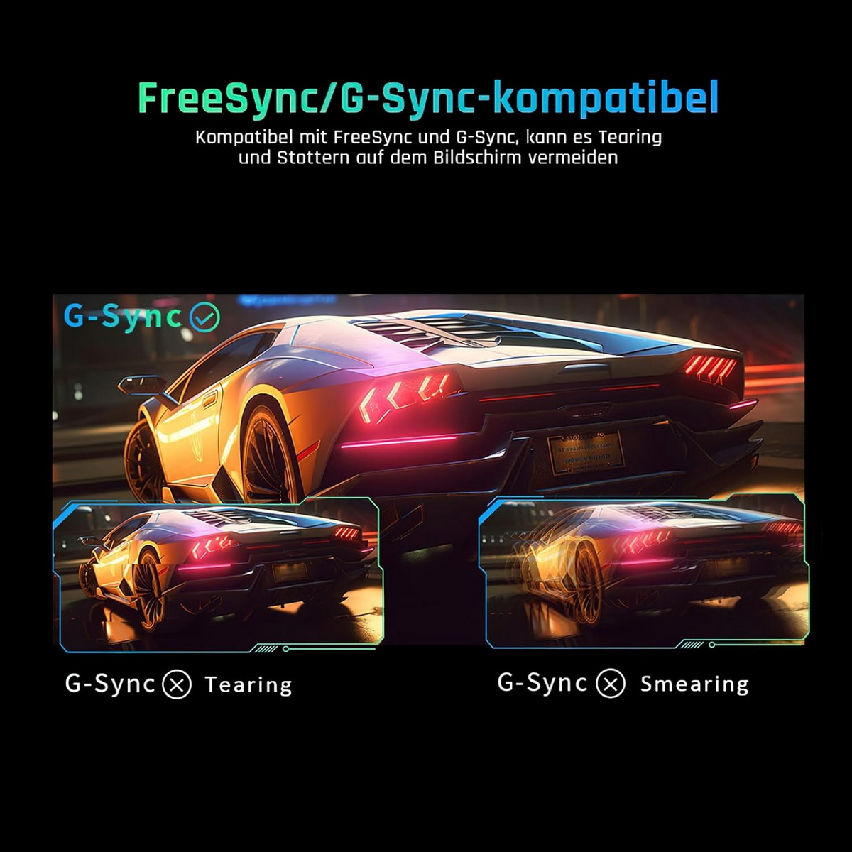 Imágenes que comparan la tecnología G-Sync. Un coche muestra desgarros y manchas en los ejemplos.