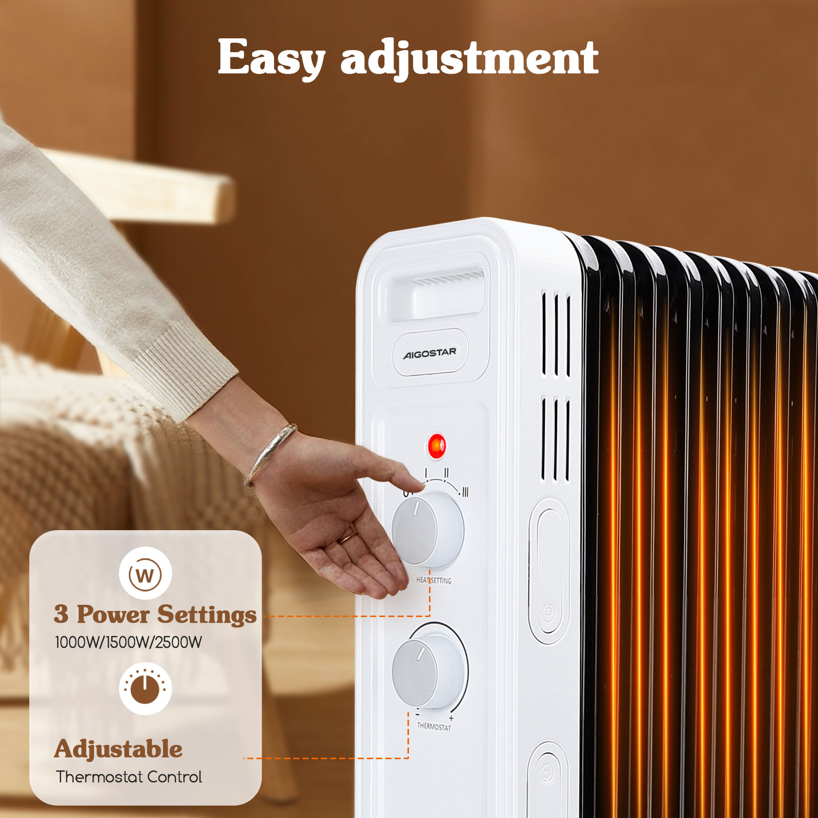Calentador eléctrico con perilla de control y texto: 3 ajustes de potencia, control de termostato ajustable.