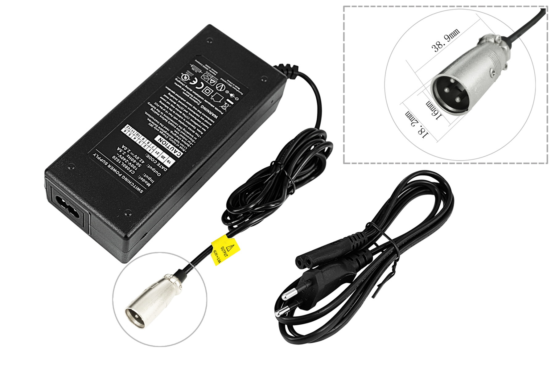 Schwarzer Netzadapter mit Kabel und Stecker. Diagramm zeigt Steckerabmessungen.