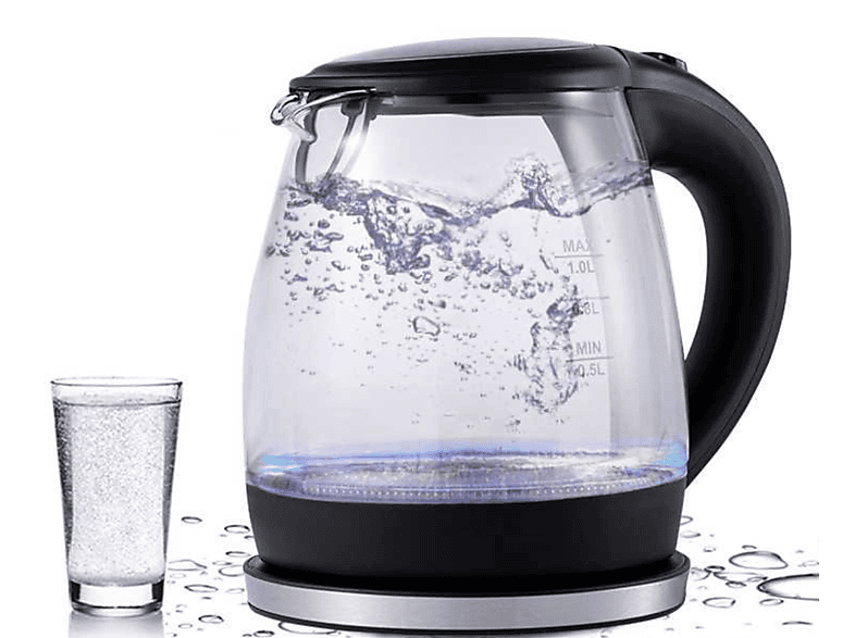 UWOT Blaulicht-Wasserkocher mit automatischer Abschaltung: 1L Glaskessel Wasserkocher, Schwarz