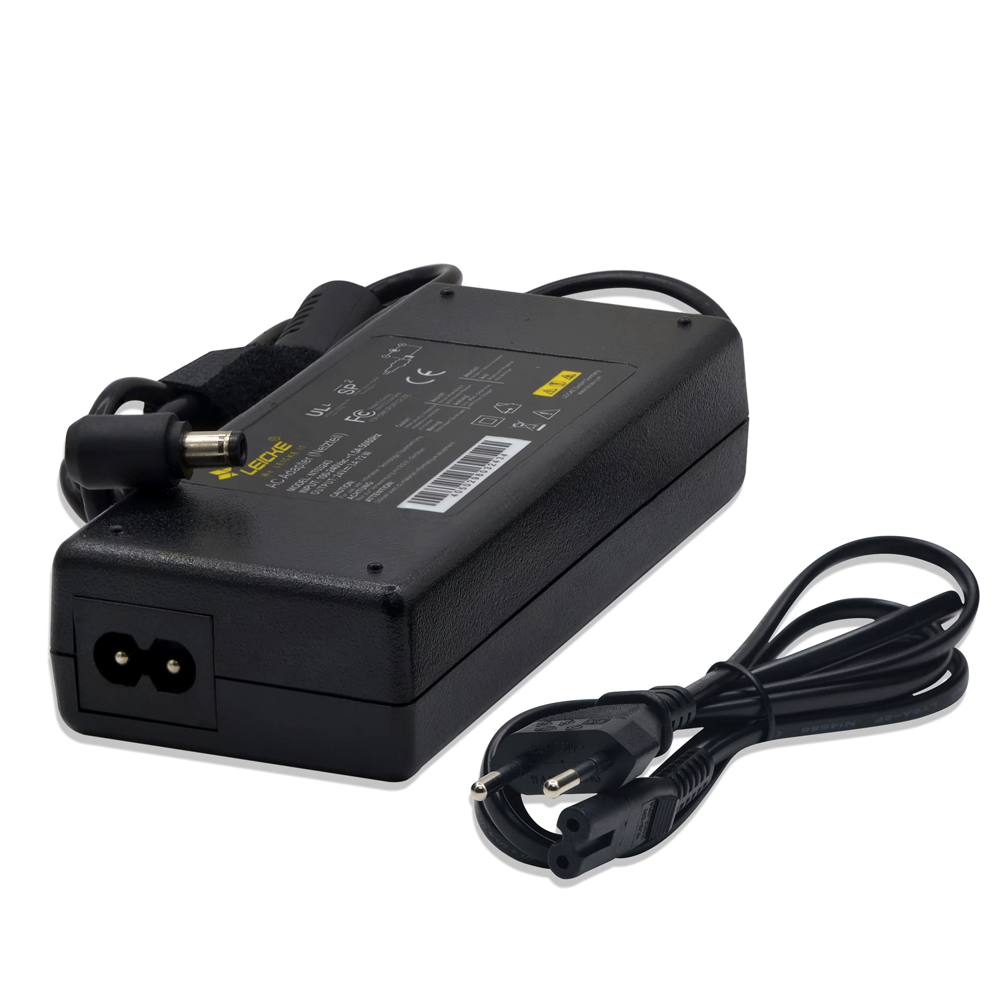 Schwarzes Netzteil mit Zweipolstecker und separatem Netzkabel.