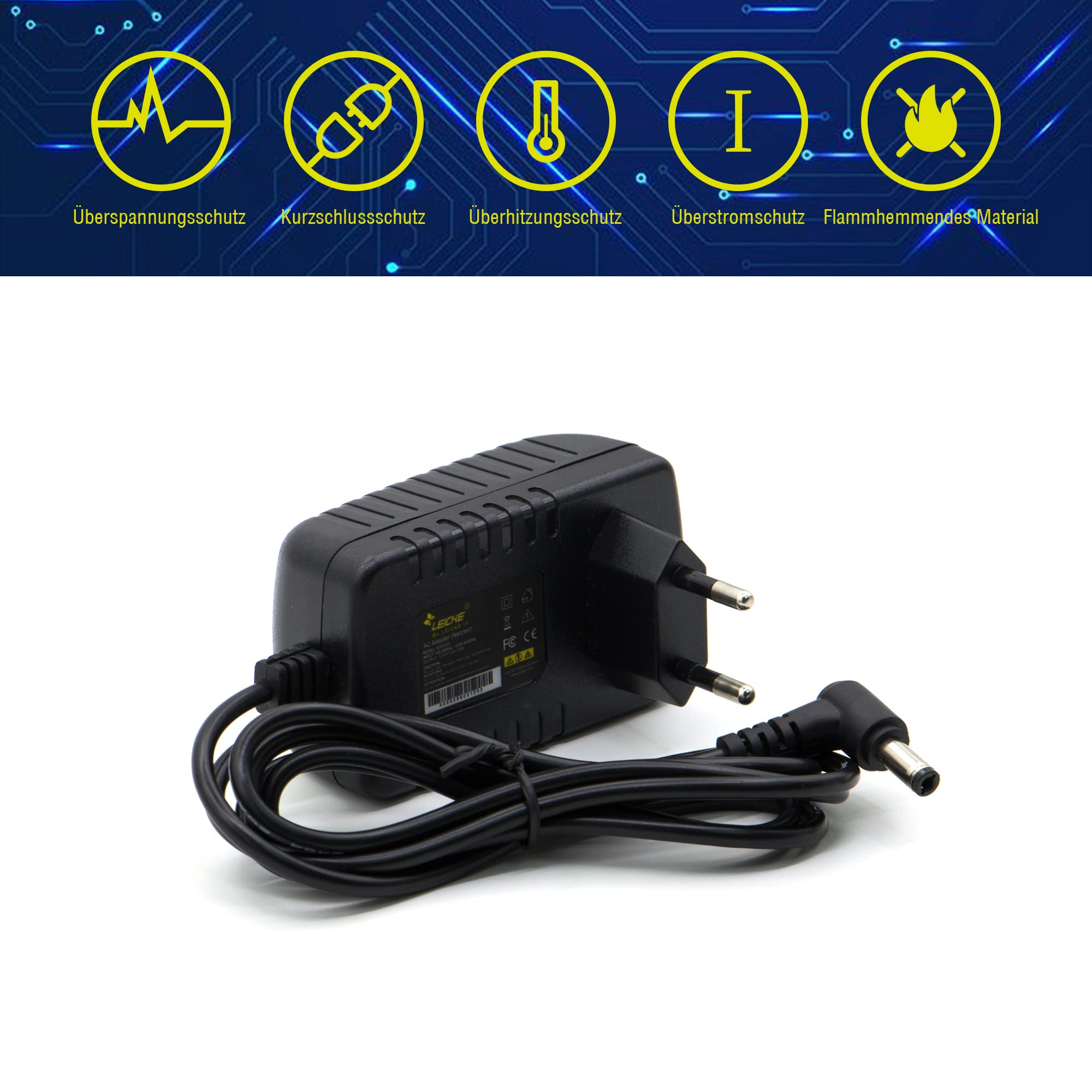 Ein schwarzes Netzteil mit Stecker und Kabel. Oben befinden sich Symbole, die Schutzfunktionen anzeigen.