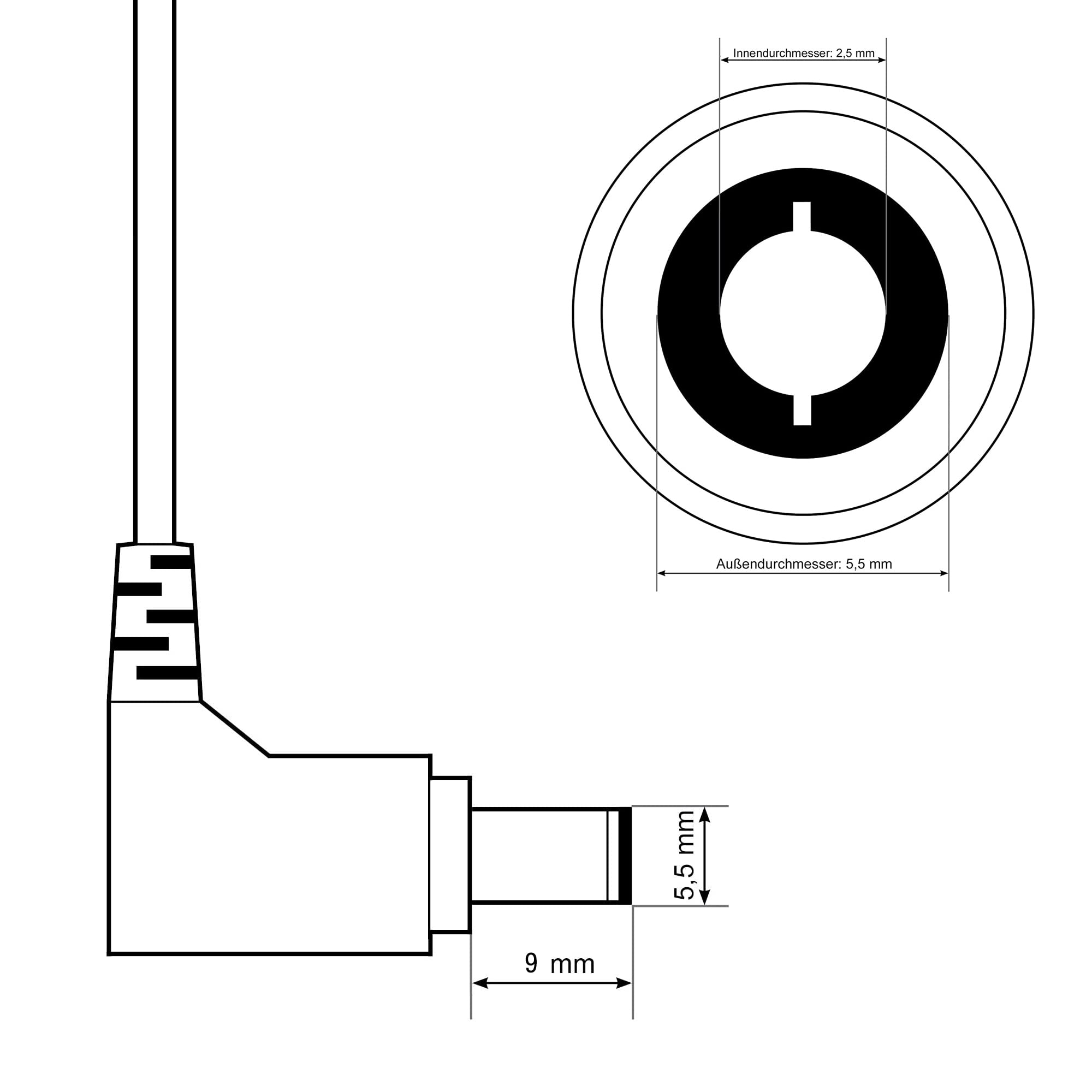 Schwarz-Weiß-Diagramm eines Netzadaptersteckers und -anschlusses.