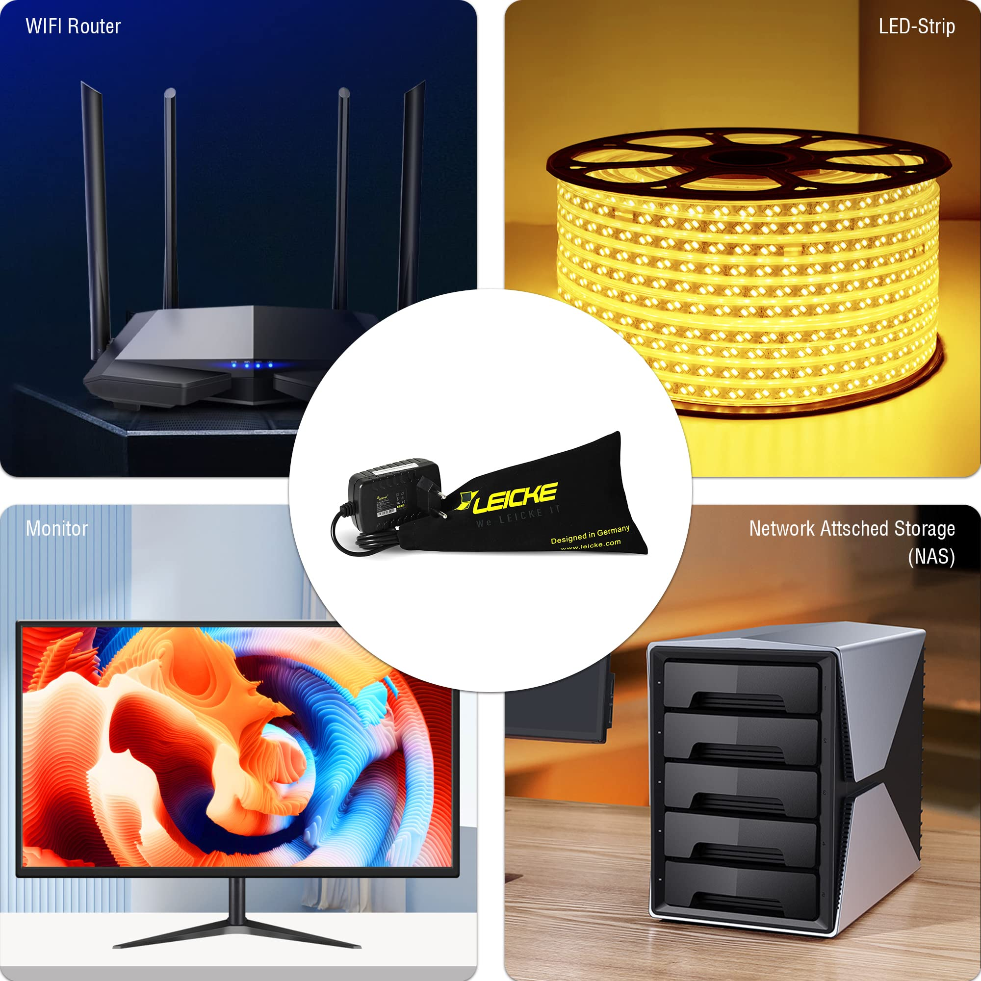 Vier Produktbilder: WLAN-Router, LED-Streifen, Monitor und NAS-Gerät.