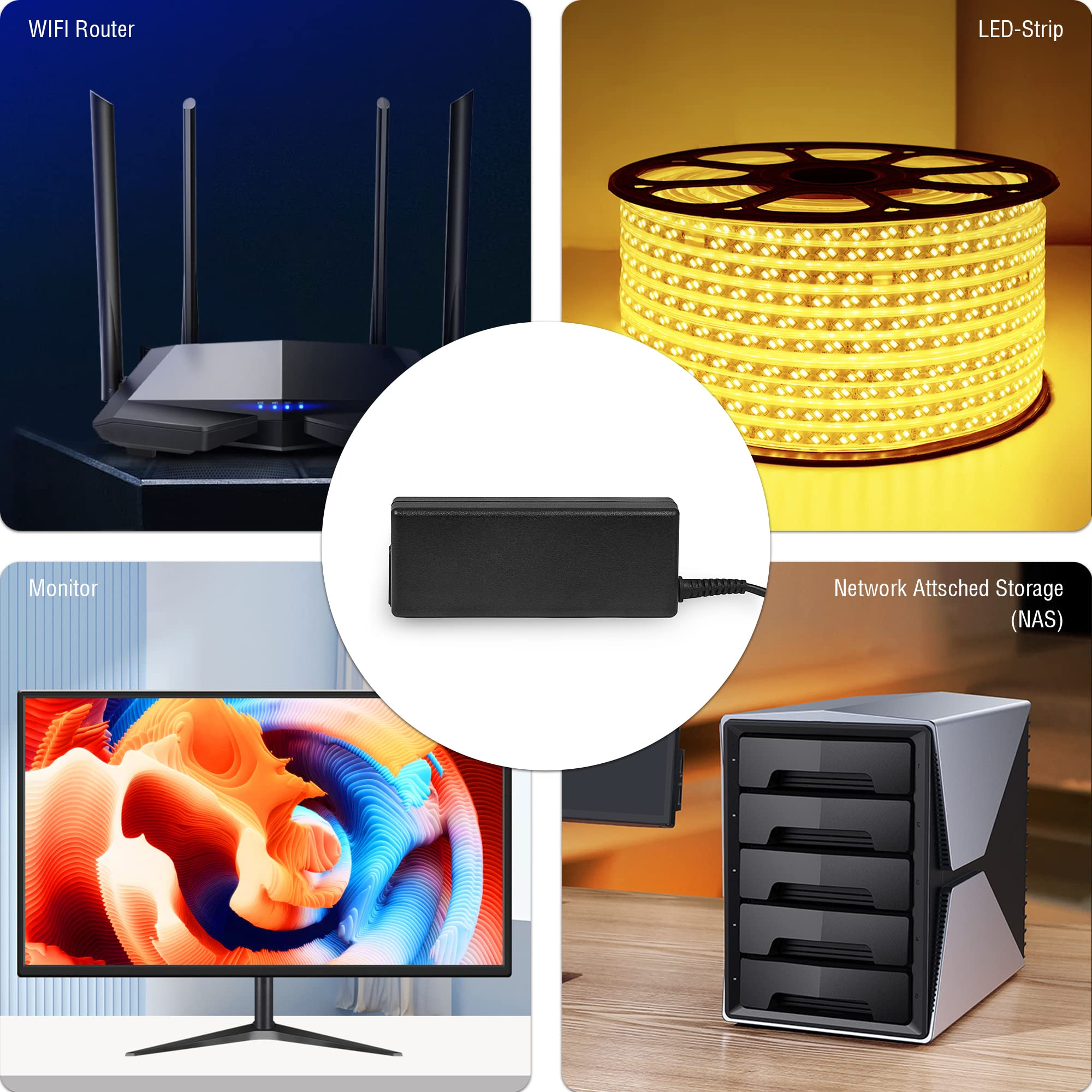 Tech-Produkt-Collage: WLAN-Router, LED-Streifen, Monitor und ein netzwerkgebundener Speicher (NAS).