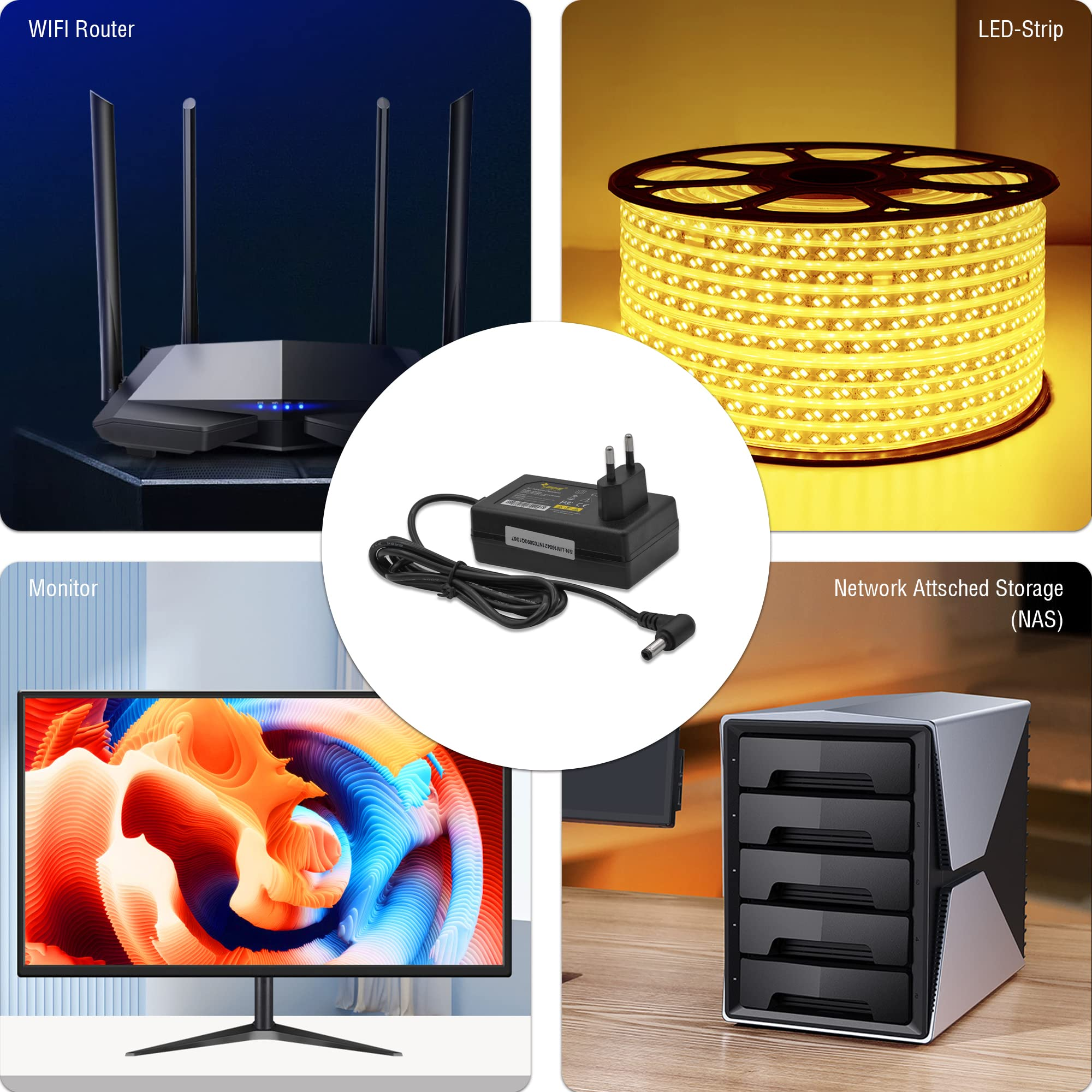 Eine Collage von Tech-Produkten: WLAN-Router, LED-Streifen, Network Attached Storage und ein Monitor.