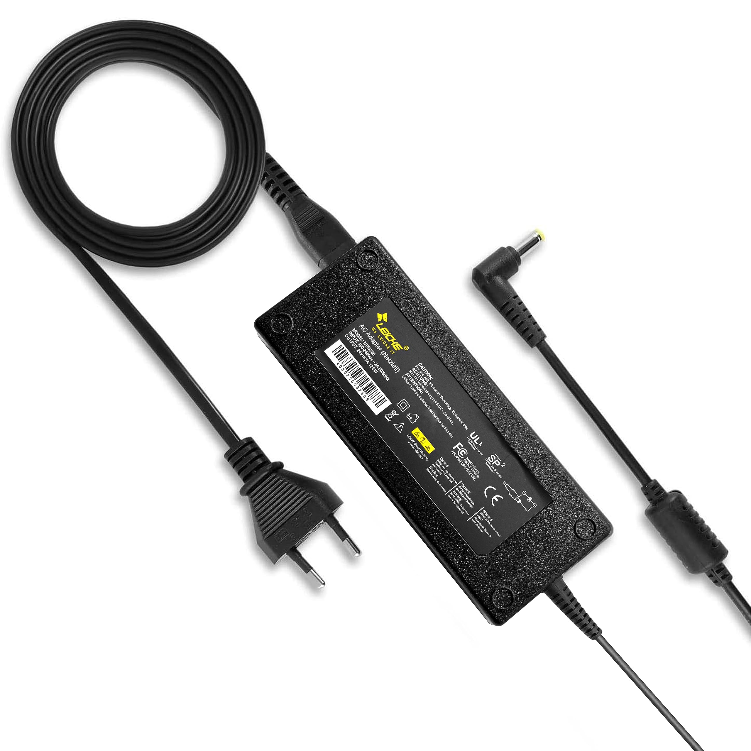 Schwarzer Laptop-Netzadapter mit Dreipolstecker und verschiedenen Anschlusstypen.
