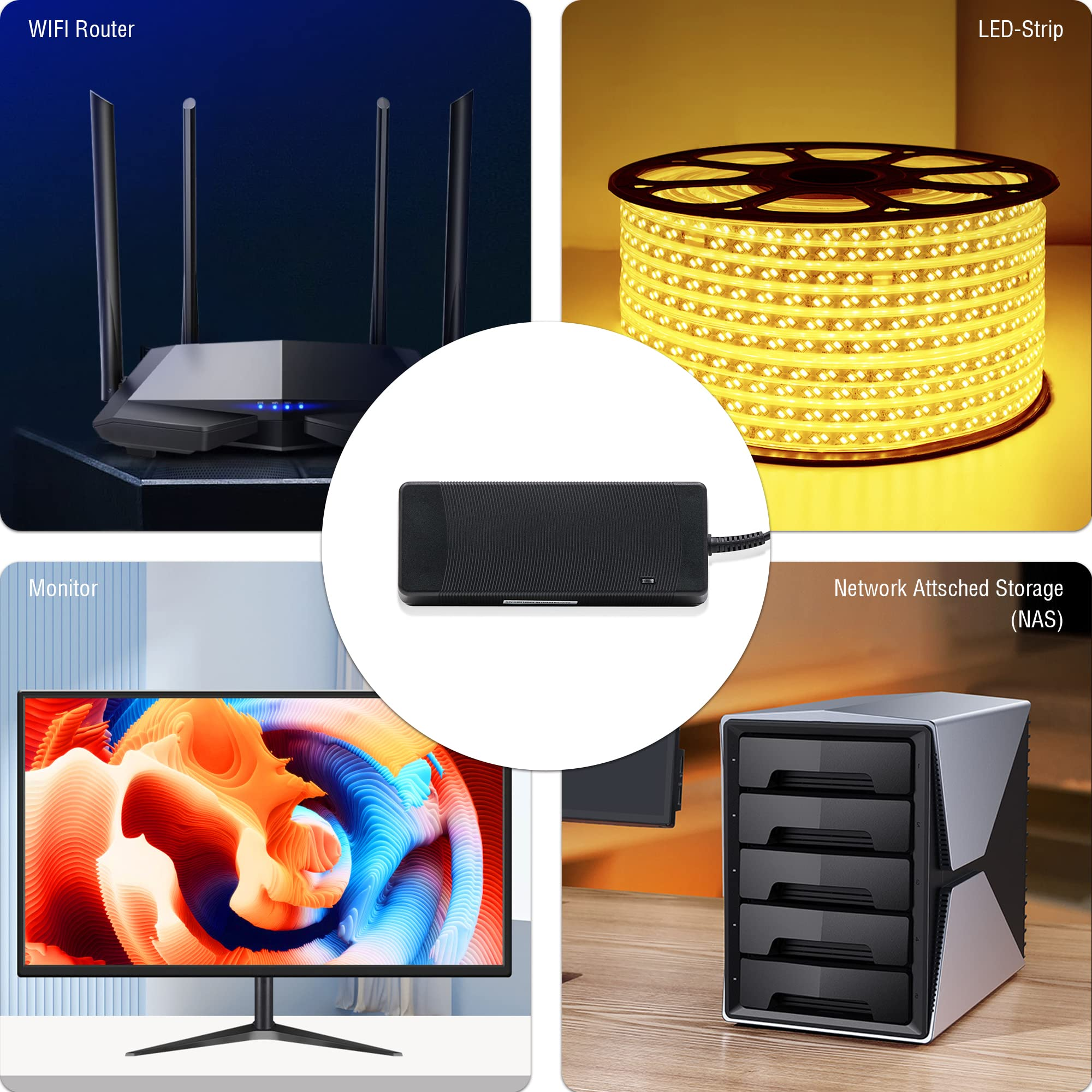 Eine Collage von Netzwerk-Hardware: Router, LED-Streifen, Monitor und NAS.