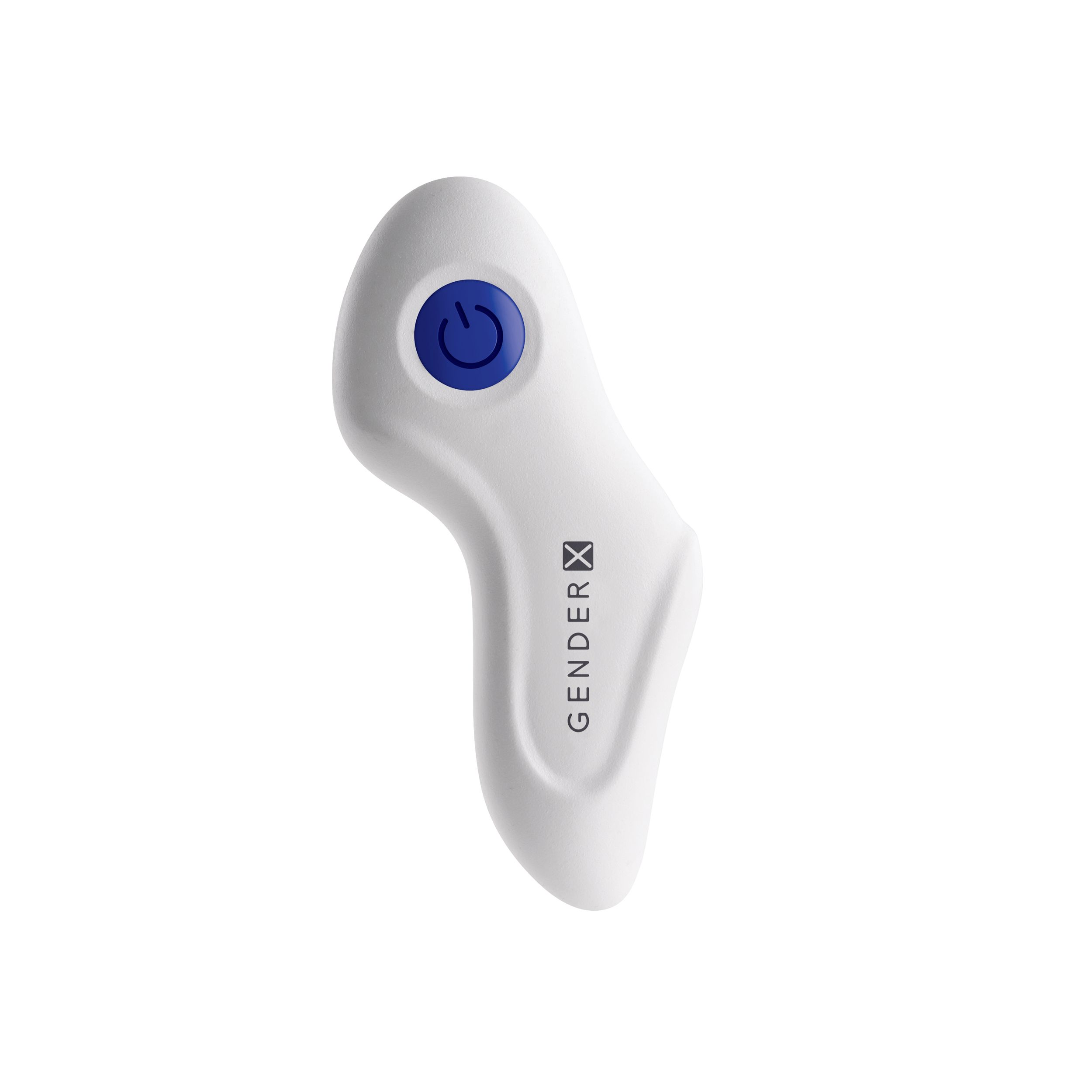 Ein weißes Gerät mit blauem Einschaltknopf, beschriftet mit 'GENDER X'.