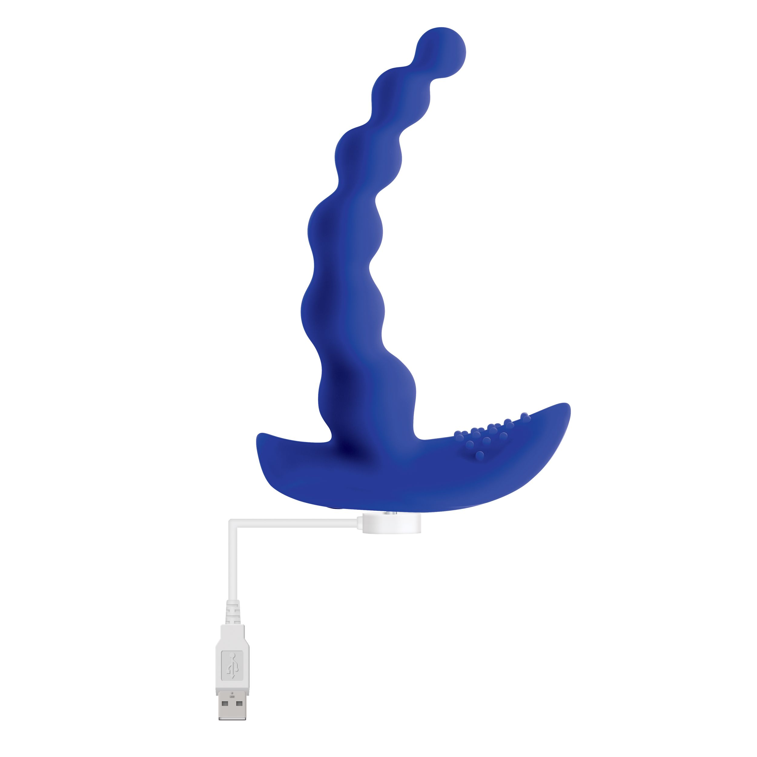 Blaues Sexspielzeug mit gebogenem Design und USB-Ladestation auf weißem Hintergrund.