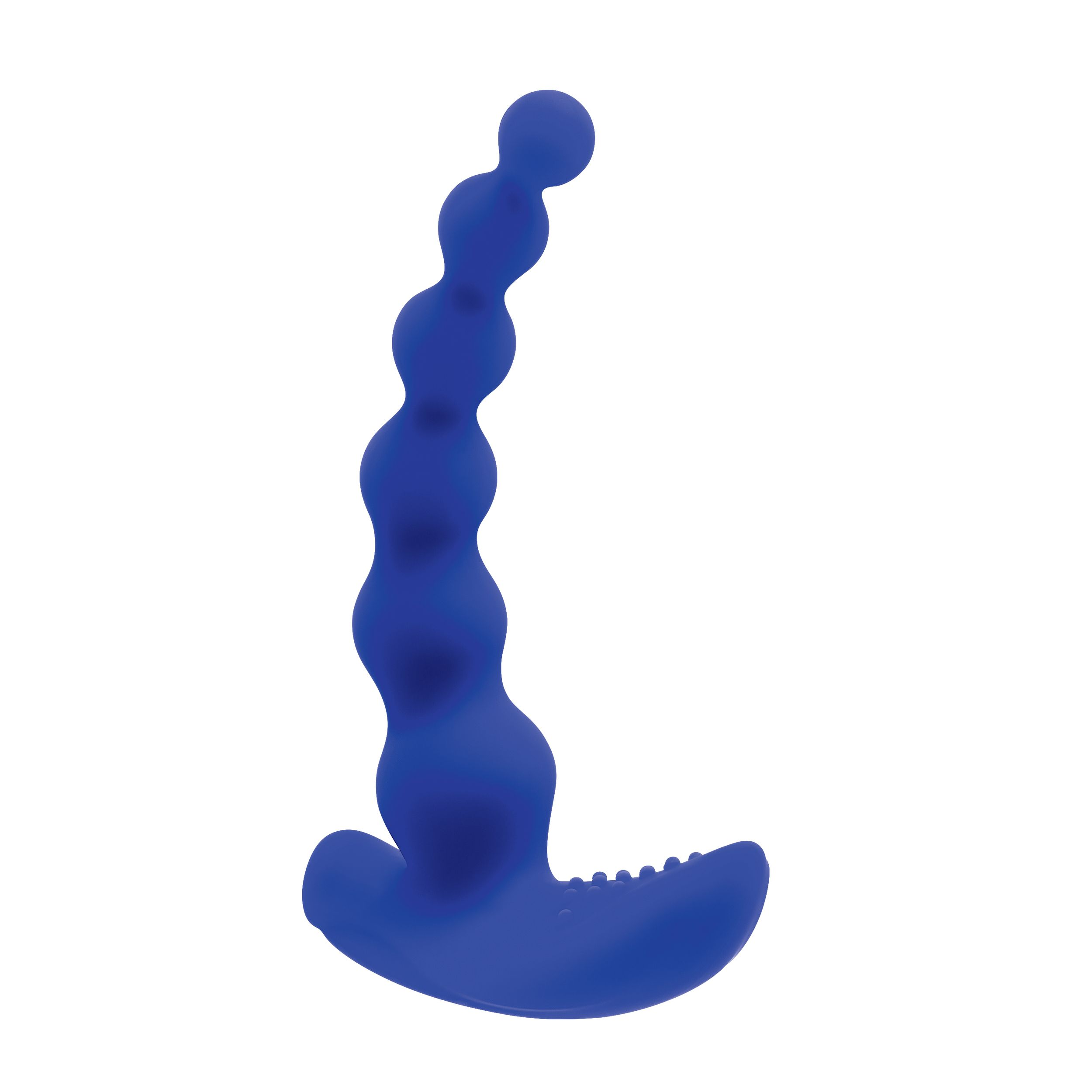 Blaues Sexspielzeug mit geschwungener Form und strukturierter Spitze.