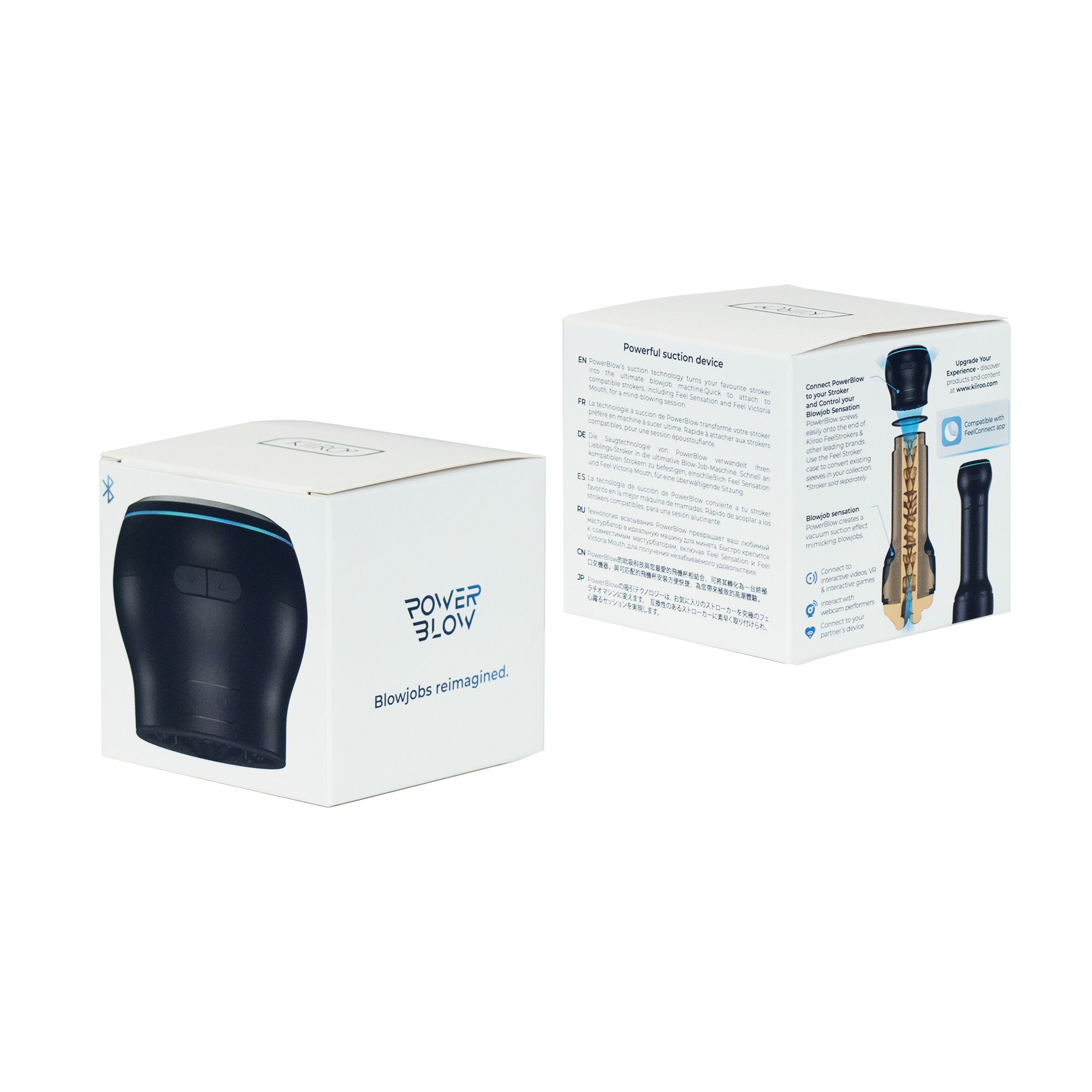 Dos cajas del producto 'POWER BLOW'. Una muestra el producto, la otra muestra los detalles del producto.