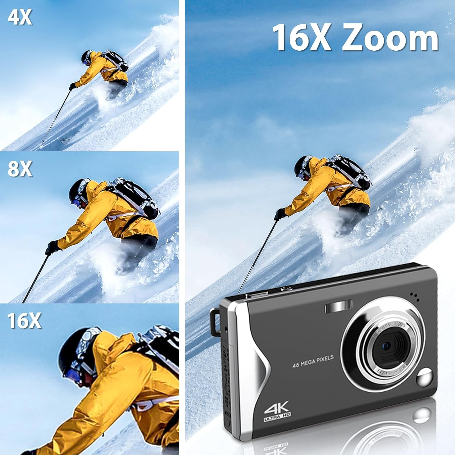 Kamera mit Skifahrern im Hintergrund, Zoom von 4X bis 16X. Text: 16X Zoom. 48 Megapixel. 4K Ultra HD.