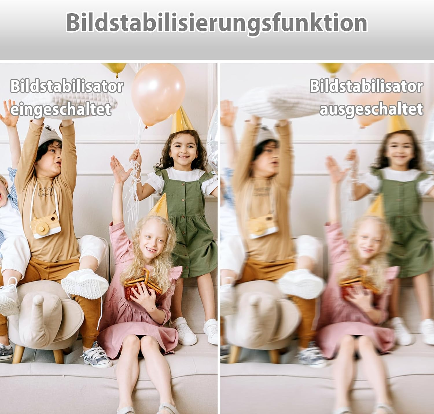 Vergleichsbild, das den 'Bildstabilisator' mit Kindern ein- und ausgeschaltet zeigt. Eines ist verschwommen, das andere klar.