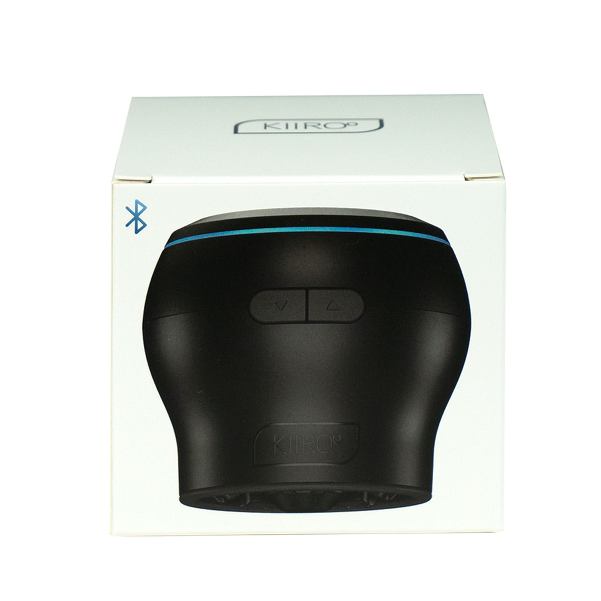 Un altavoz Bluetooth Kiiro negro en una caja blanca con el logotipo de Kiiro y el símbolo de Bluetooth.