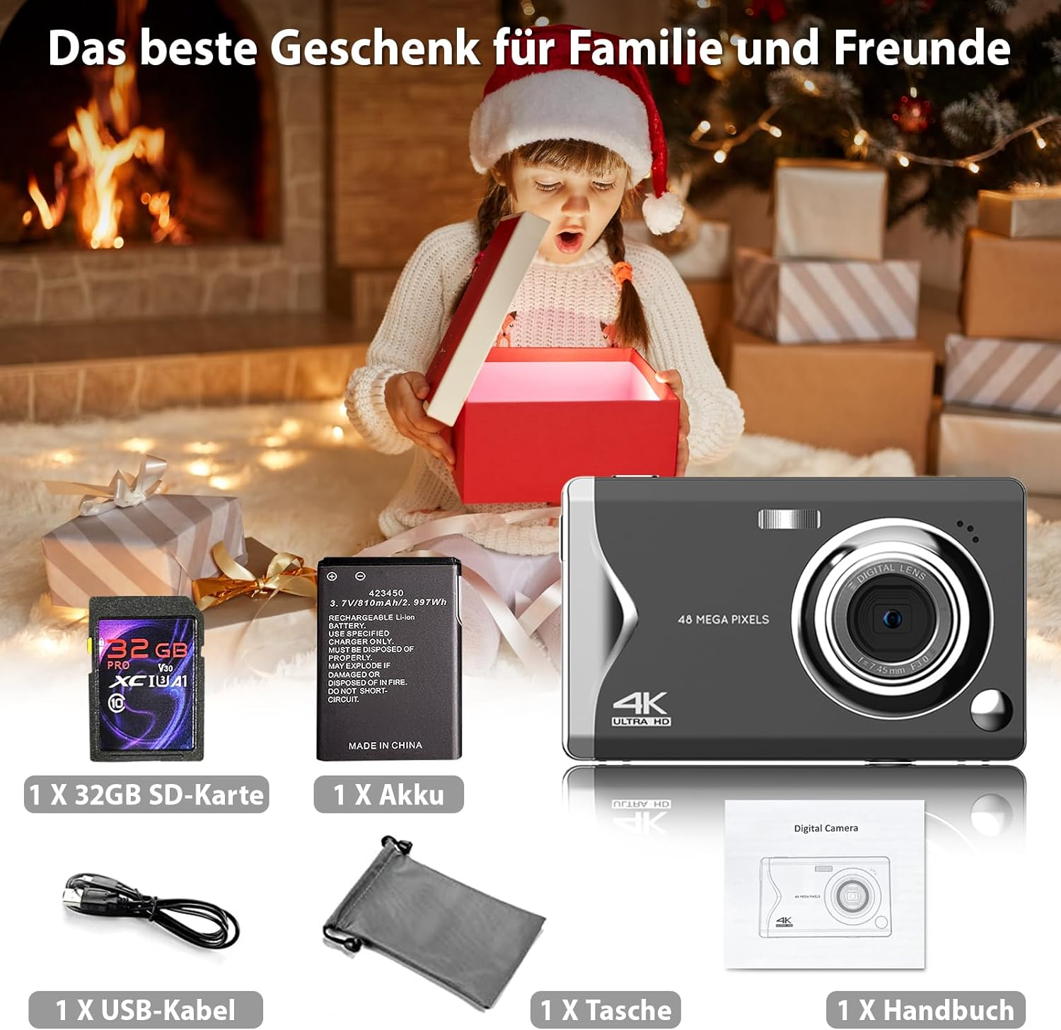 Mädchen öffnet Geschenkbox mit Kamera und Zubehör auf dem Tisch. Festliche Szene.