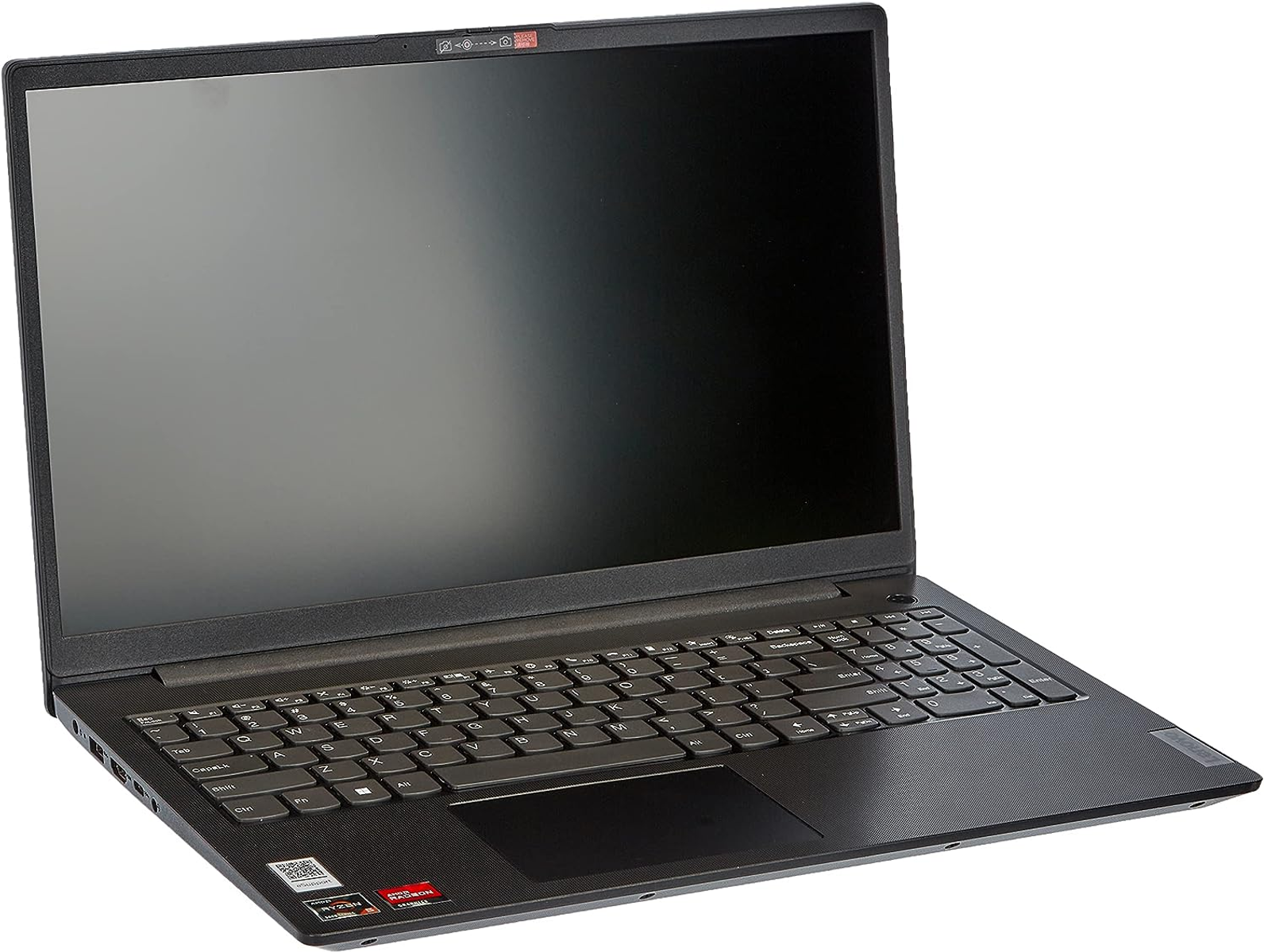 Un portátil Lenovo negro con teclado, abierto, con pantalla en blanco.