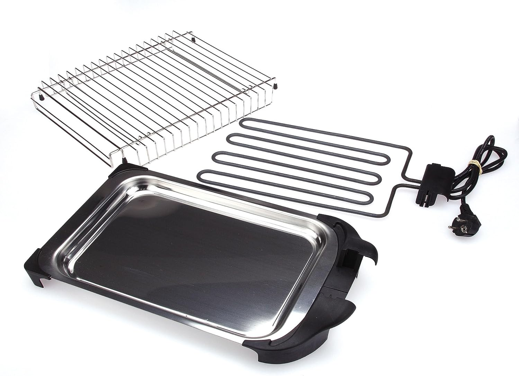 Componenti per barbecue elettrico: una griglia, un elemento riscaldante e un vassoio.