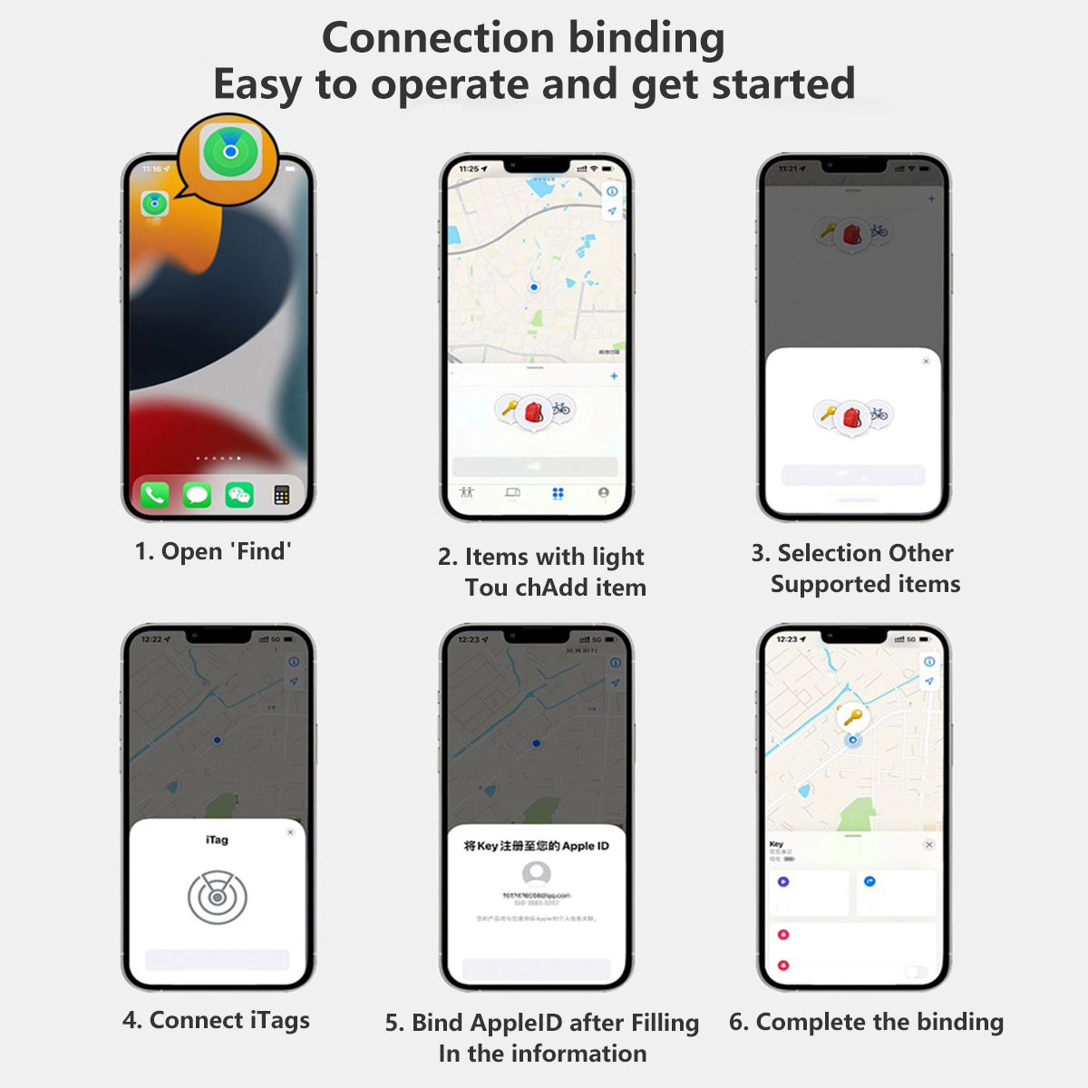 Screenshots, die zeigen, wie man sich per Smartphone mit einem Artikel verbindet, mit nummerierten Schritten.