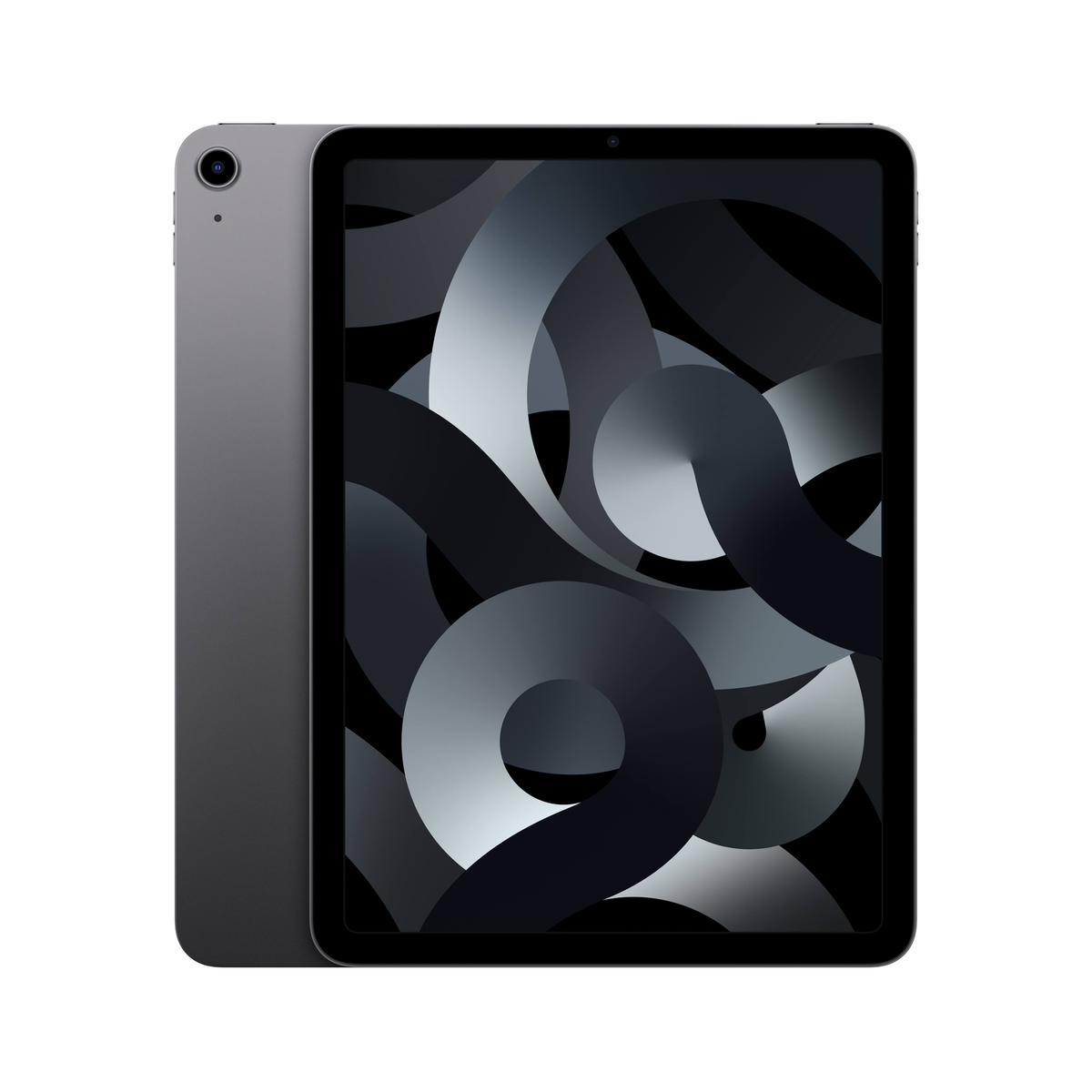 Een grijze iPad Air op een witte achtergrond. Het scherm toont een grijs en wit abstract ontwerp.