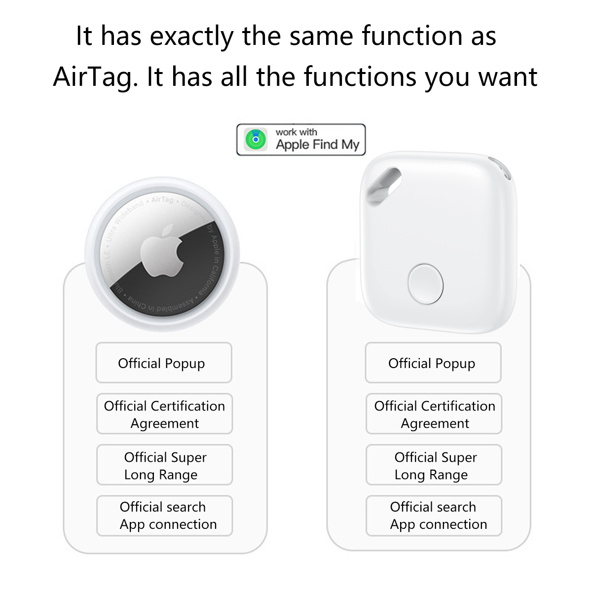 Zwei weiße Tracker, einer mit Apple-Logo. Text beschreibt Funktionen und Apple Find My-Kompatibilität.