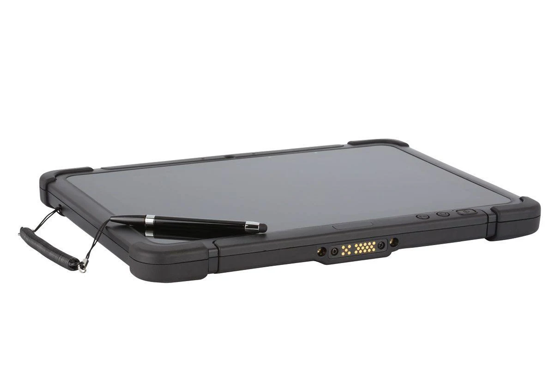 Tablet nero con stilo. Il tablet è in una custodia protettiva. È su sfondo bianco.