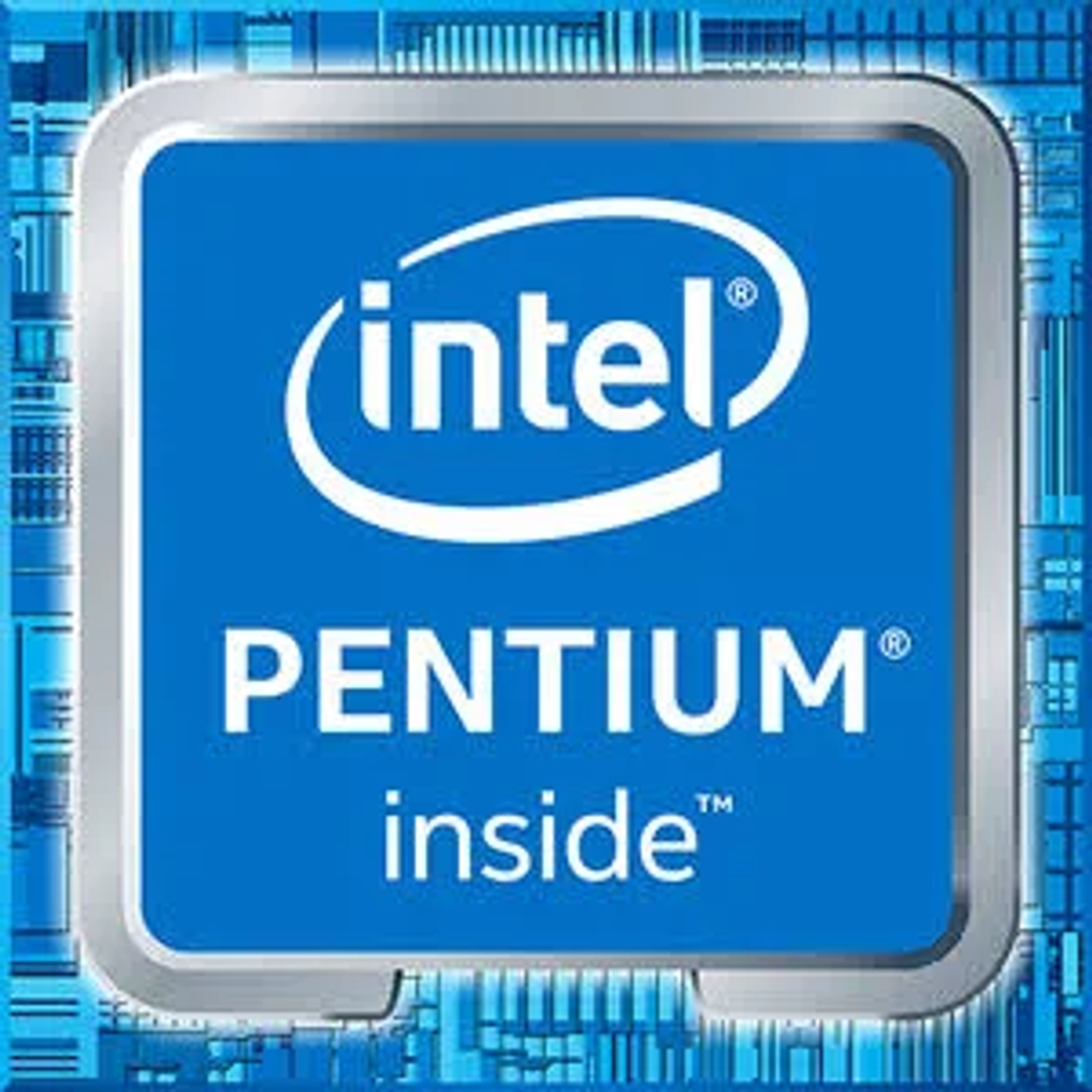 Un primo piano del logo del processore Intel Pentium su sfondo blu.