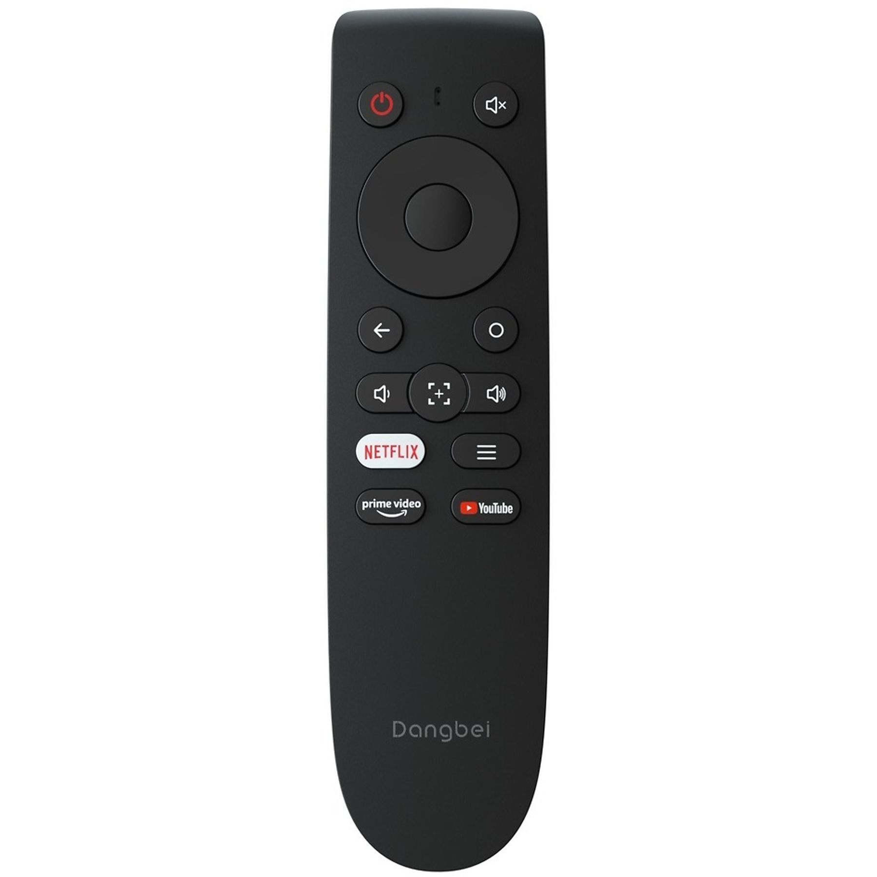 Eine schwarze Fernbedienung mit Tasten für Strom, Lautstärke, Netflix, Prime Video, YouTube und Richtungstasten.