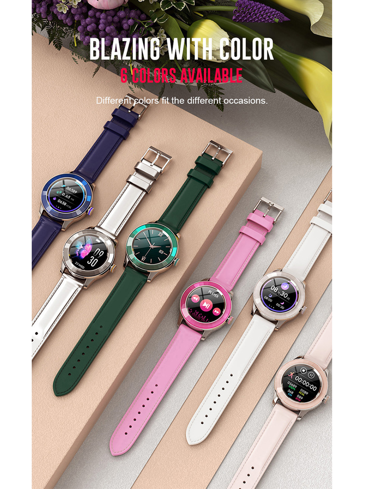 Display Rundes BRIGHTAKE IP67 Frauen Leder, Rosa Smartwatch Wasserdicht Gesundheitsarmband Smartwatch