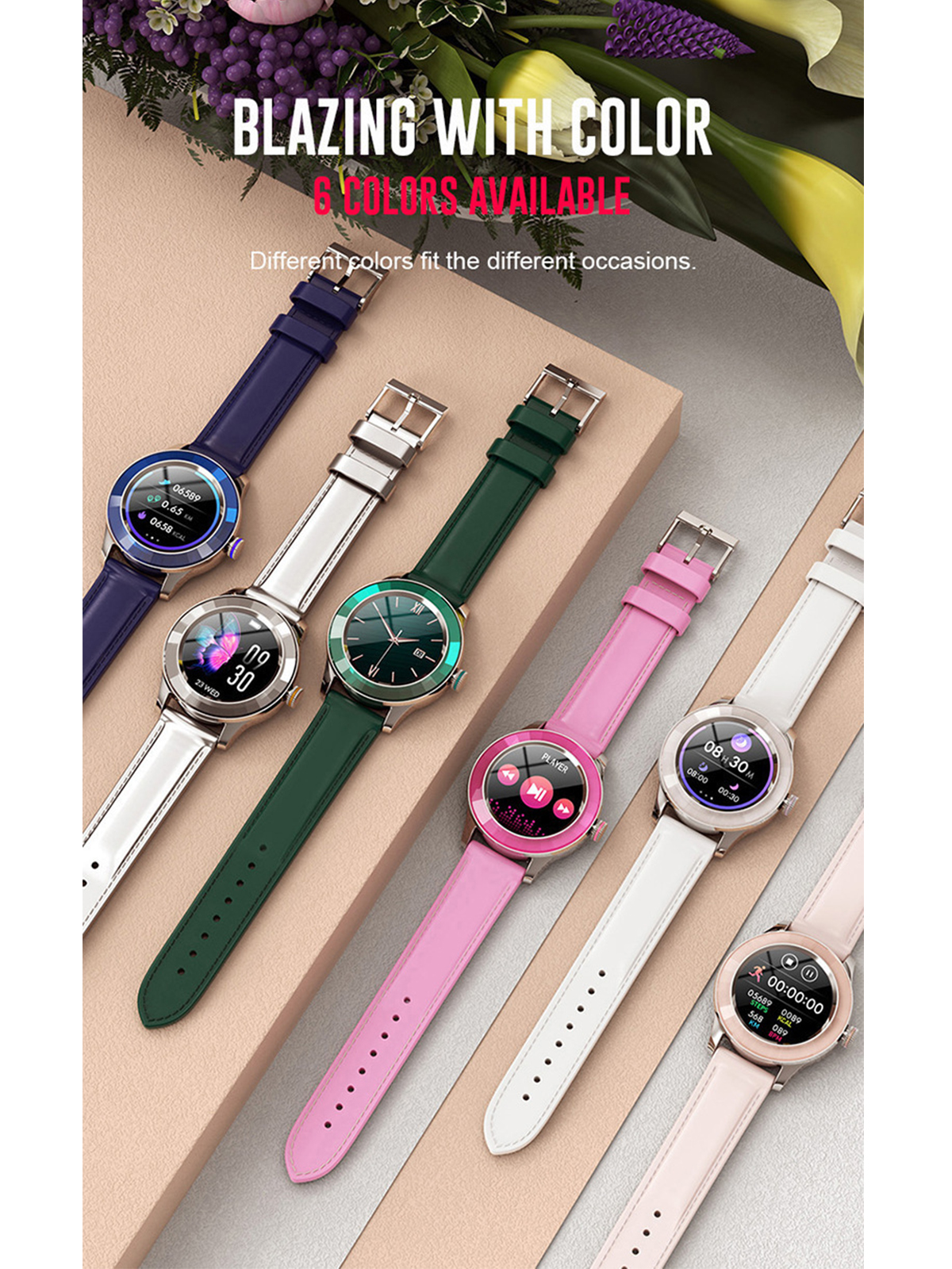 Sechs bunte Smartwatches mit verschiedenen Armbändern. Text: 6 Farben verfügbar. Verschiedene Farben passen zu verschiedenen Anlässen.