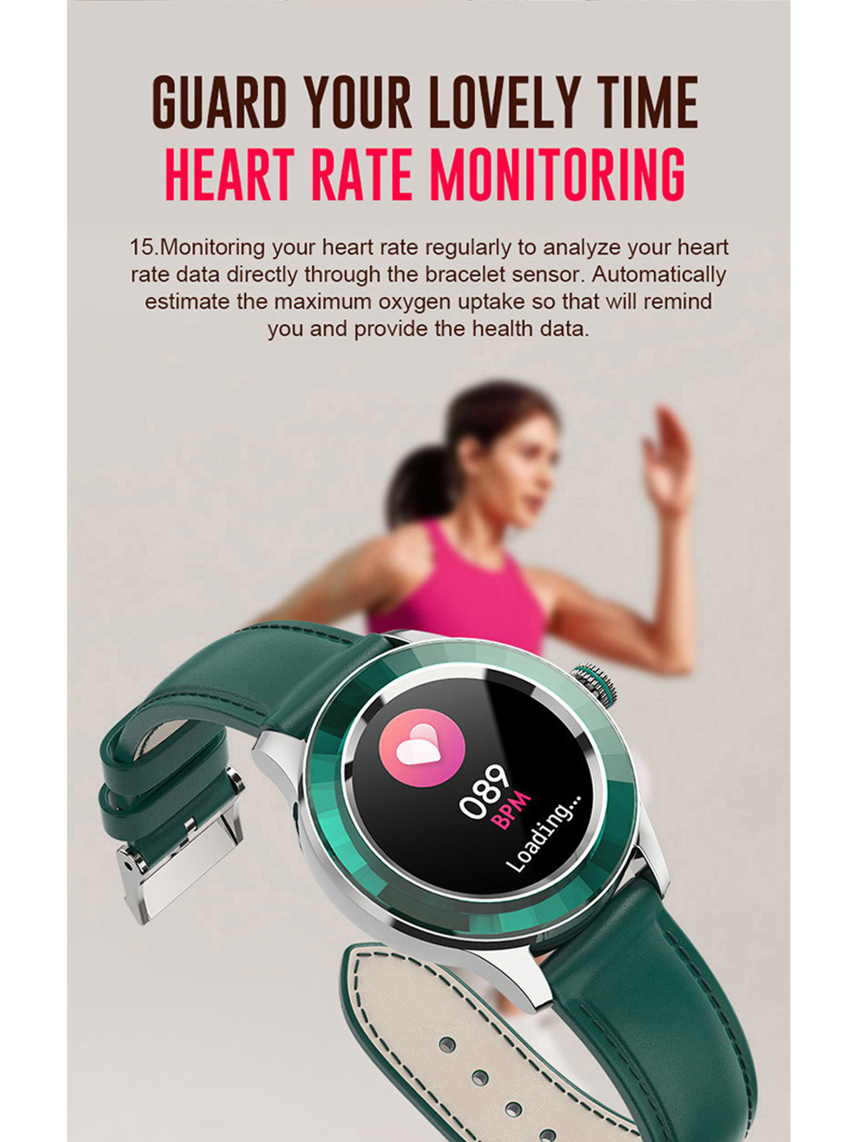 Smartwatch mit Herzfrequenzanzeige. Eine Person rennt im unscharfen Hintergrund.