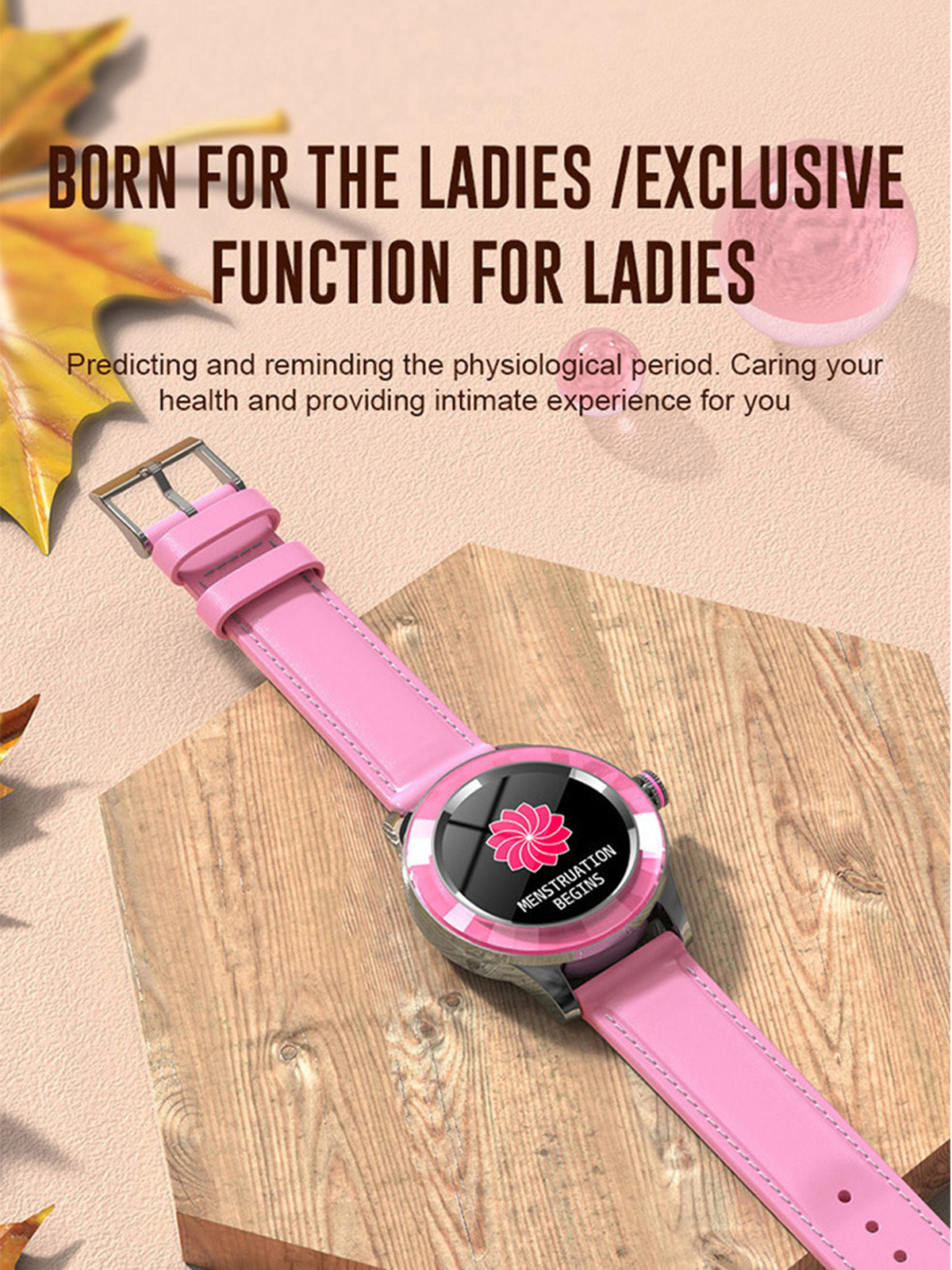 Eine rosa Smartwatch mit floraler Anzeige. Text: Für Damen geboren.