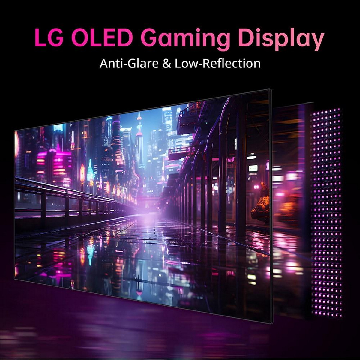 LG OLED Gaming Display mit futuristischem Stadtbild auf dem Bildschirm.