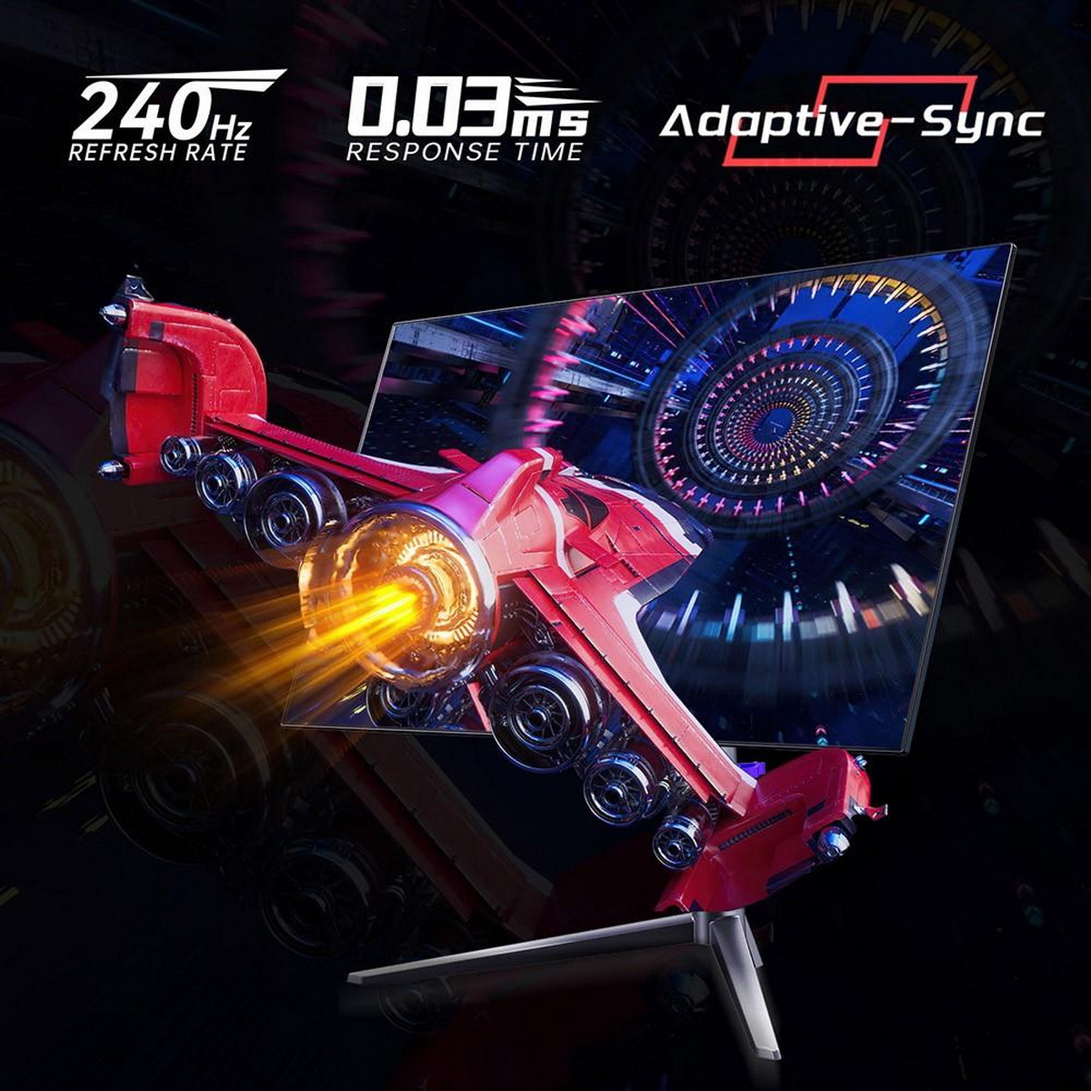 Ein roter und schwarzer Monitor mit Raumschiffgrafik, zeigt 240 Hz, 0,03 ms und Adaptive-Sync.
