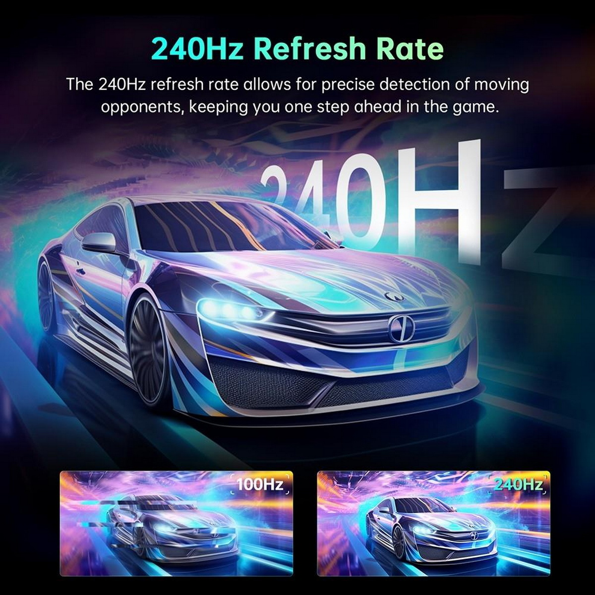 Bilder, die ein Auto mit 100 Hz und 240 Hz Bildwiederholfrequenz zeigen. Das 240-Hz-Bild ist klarer.