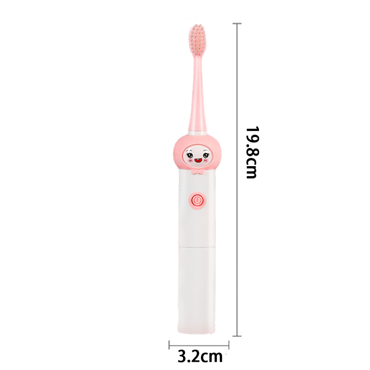 Eine rosa elektrische Kinderzahnbürste mit Cartoon-Gesicht und Maßangaben.