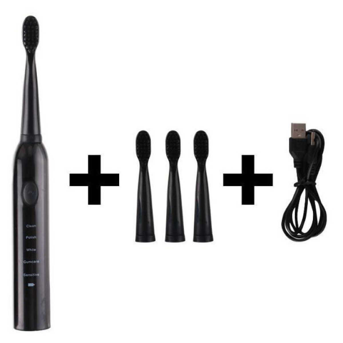Schwarze elektrische Zahnbürste mit zusätzlichen Köpfen und Ladegerät.