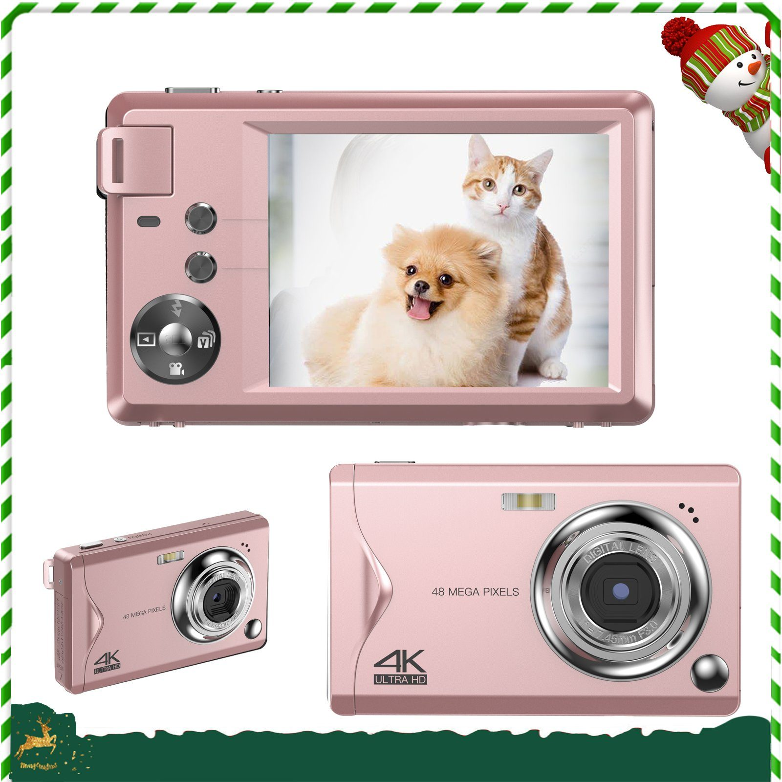Rosa Kamera mit Foto von Hund und Katze. Zusätzliche Kameras werden gezeigt.