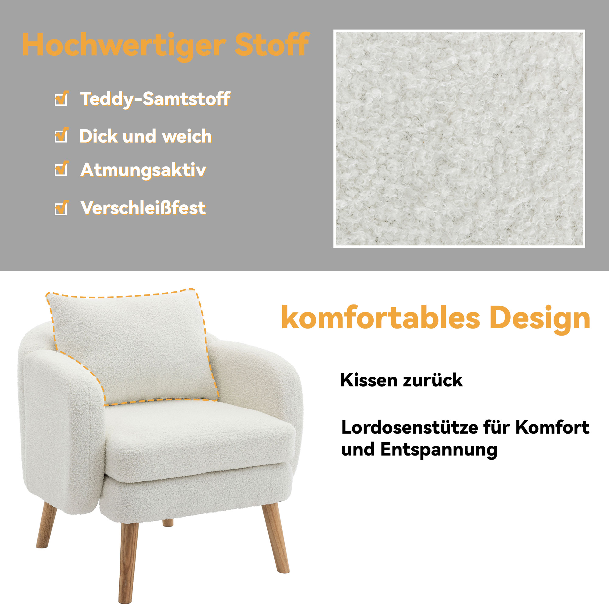 Cremefarbener Sessel mit Holzbeinen und einem gelben Kissen. Text sagt: "komfortables Design".